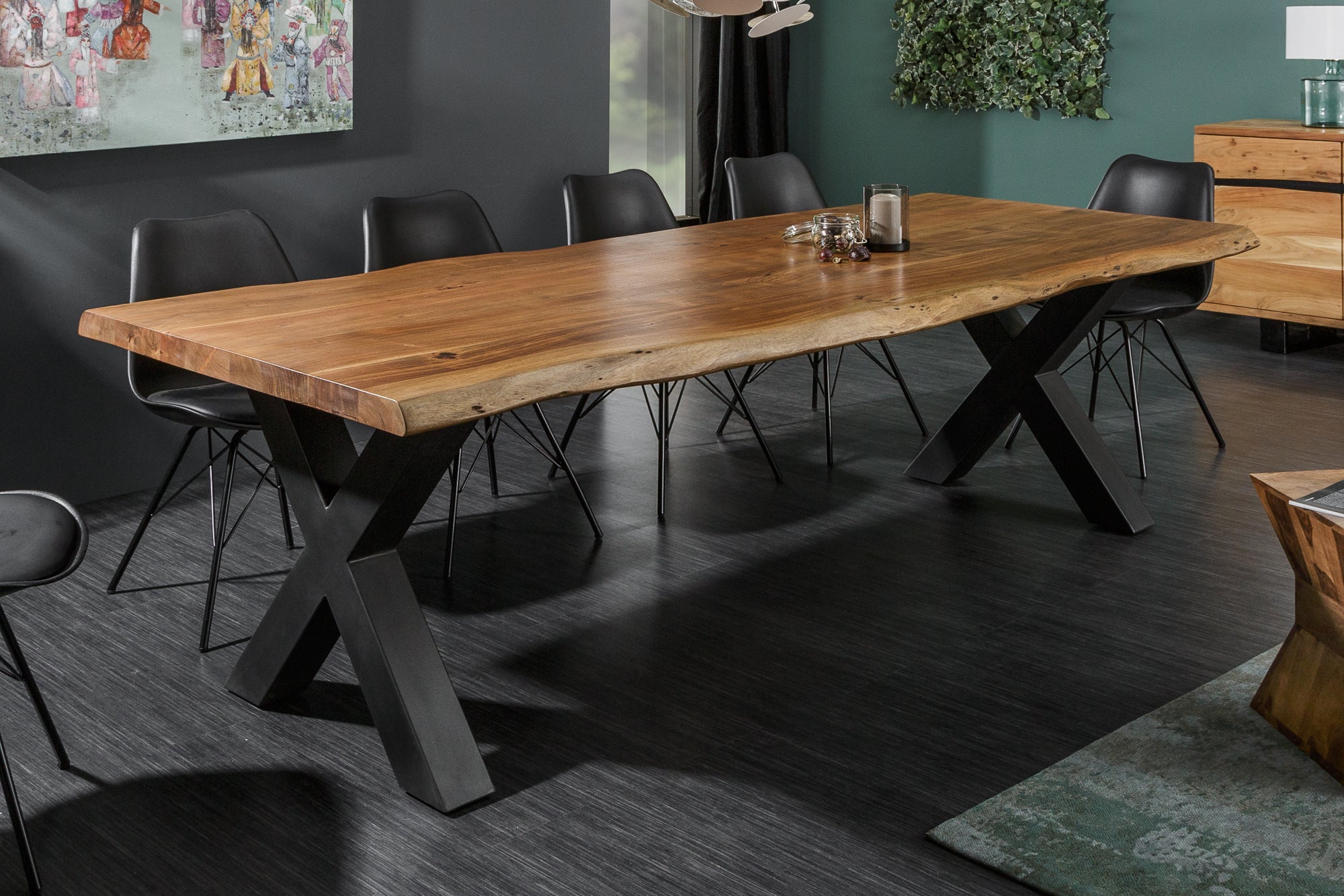 Mesa de comedor de madera maciza MAMMUT NATURE 200cm acacia negro X marco árbol borde superior 6cm