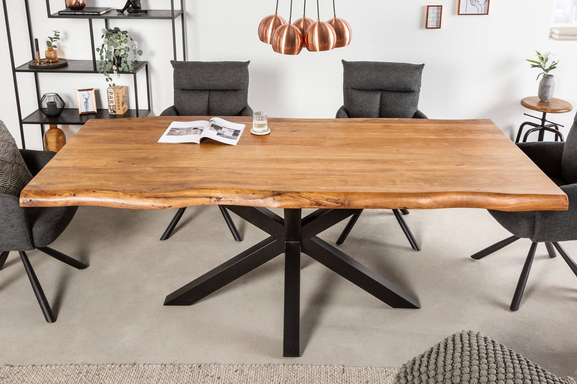 Mesa de comedor de madera maciza MAMMUT NATURE 220cm acacia marco de metal negro árbol borde superior 6cm