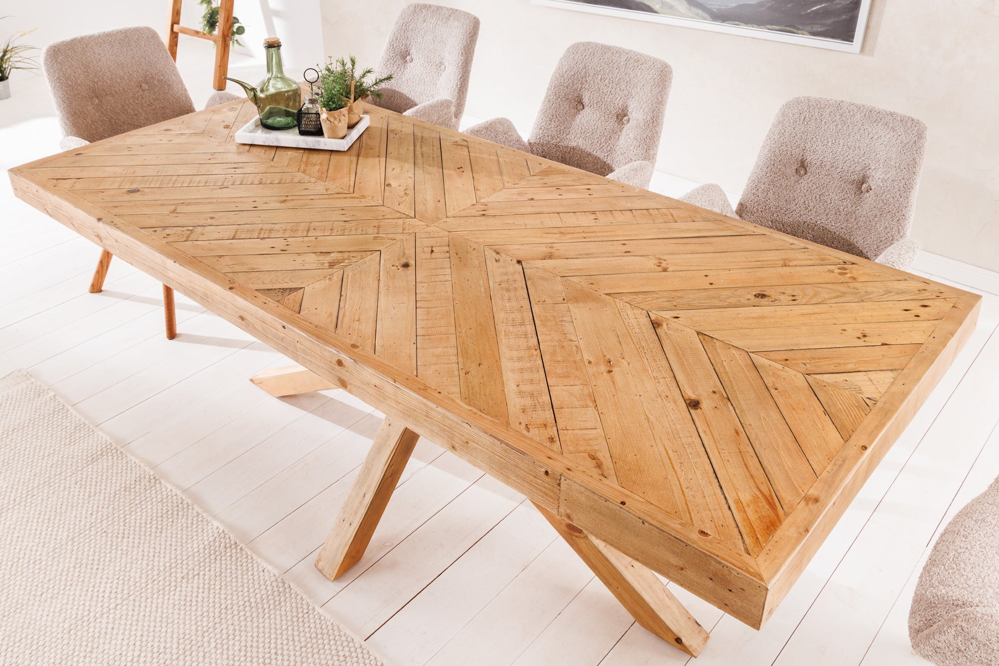 MOSAIC Mesa de comedor de madera maciza de 200 cm, estructura en estrella de pino natural recuperado