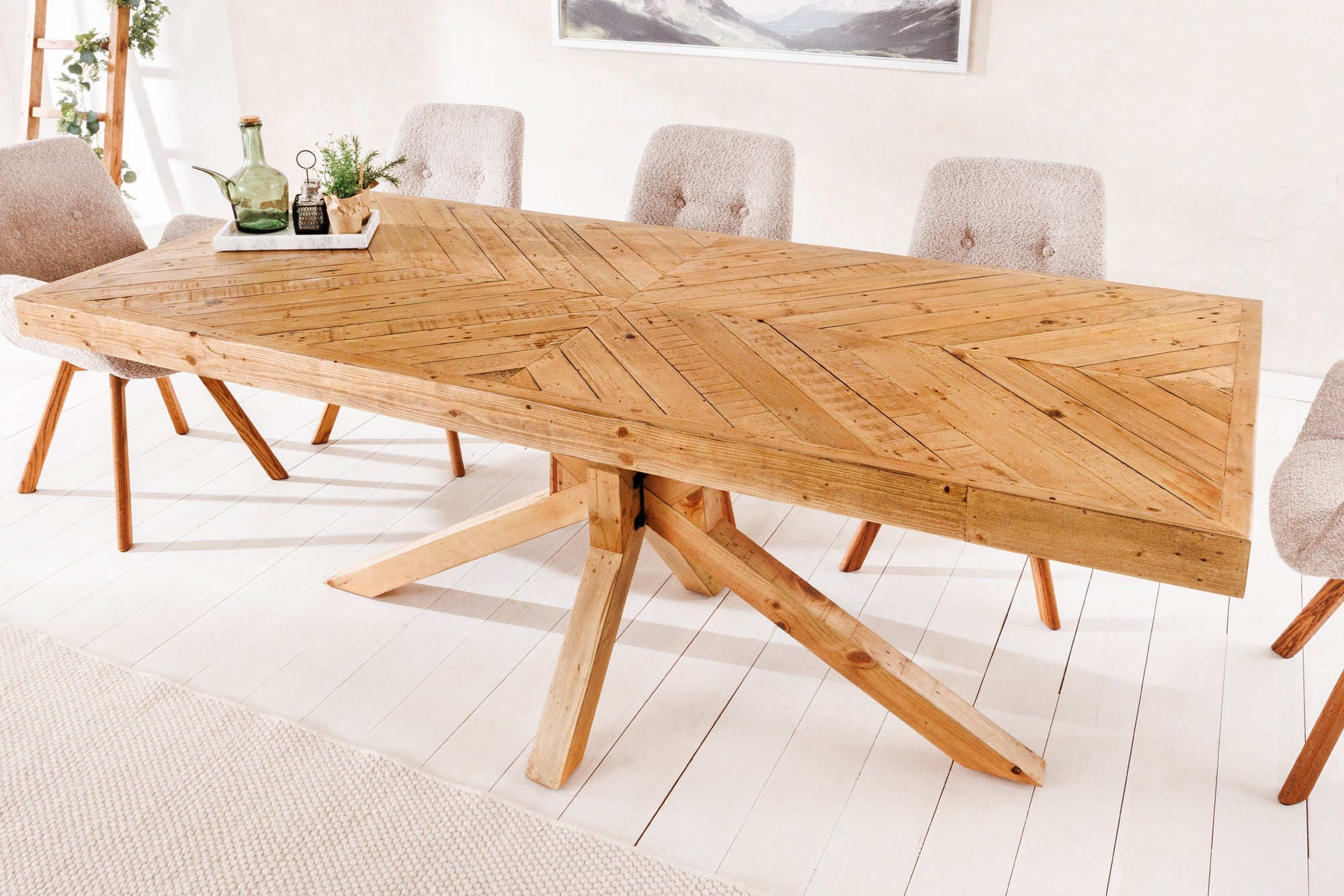 MOSAIC Mesa de comedor de madera maciza de 200 cm, estructura en estrella de pino natural recuperado