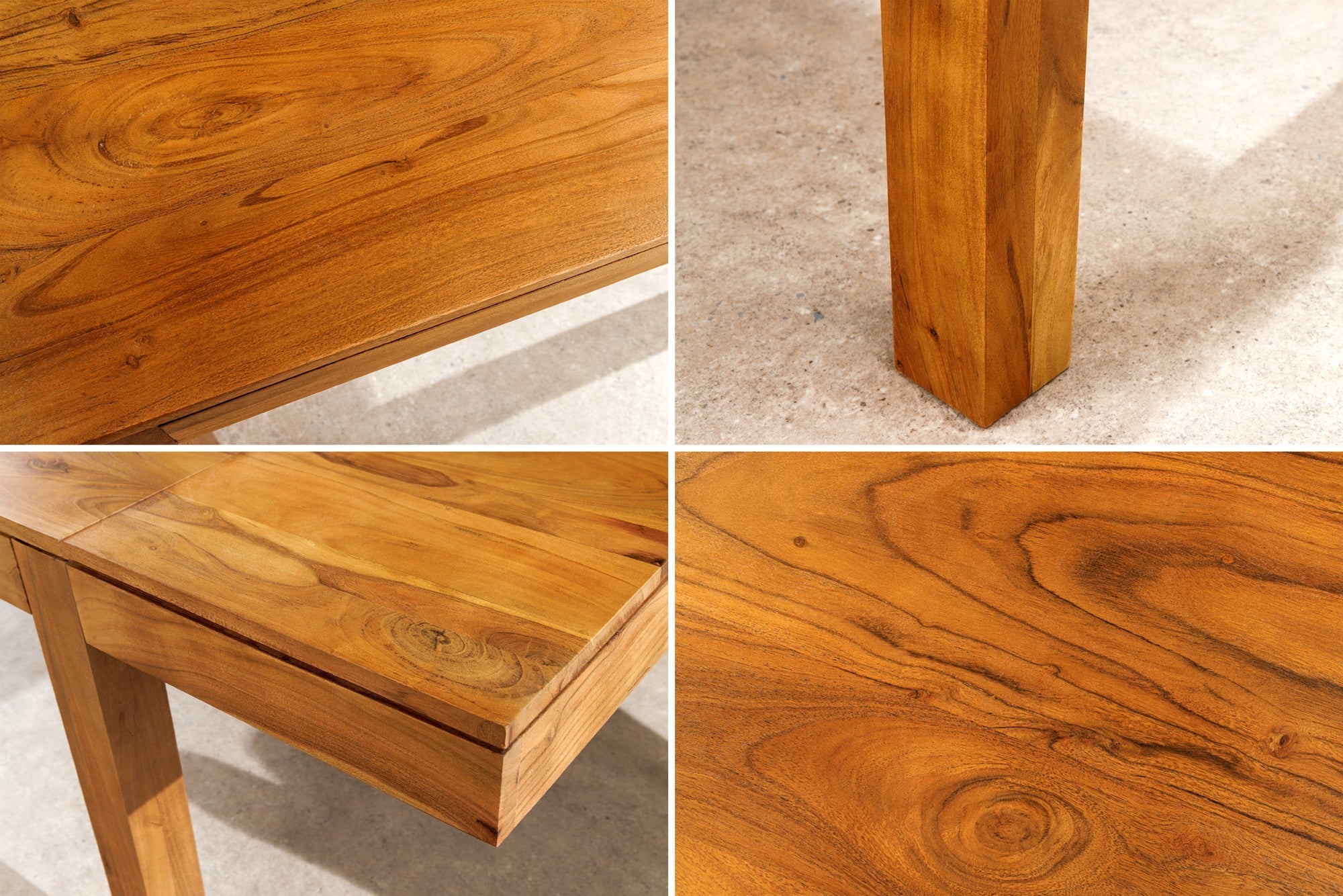 Table à manger en bois massif PURE 120-200cm acacia finition miel naturel avec plaques clipsables