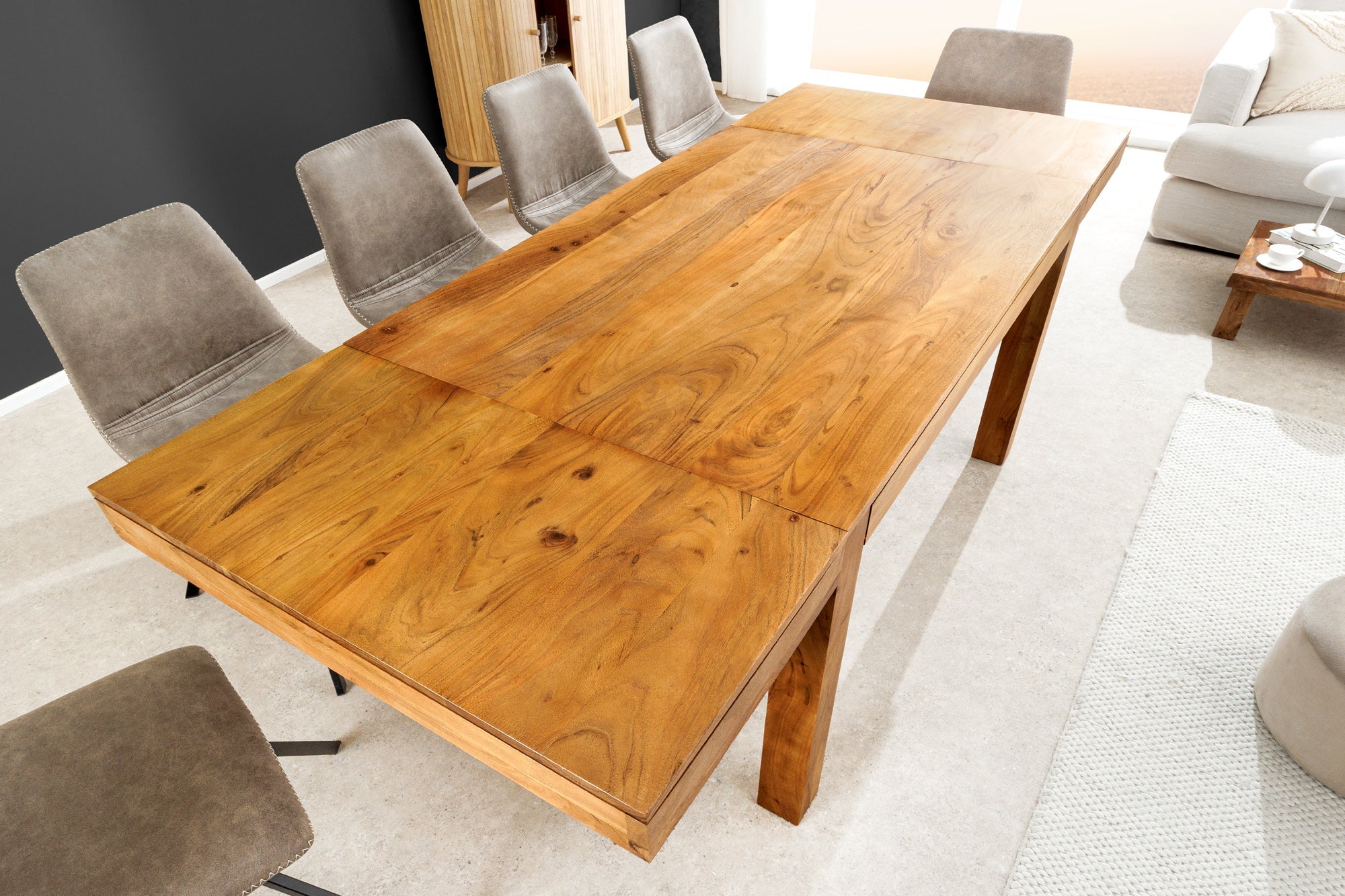 Table à manger en bois massif PURE 120-200cm acacia finition miel naturel avec plaques clipsables