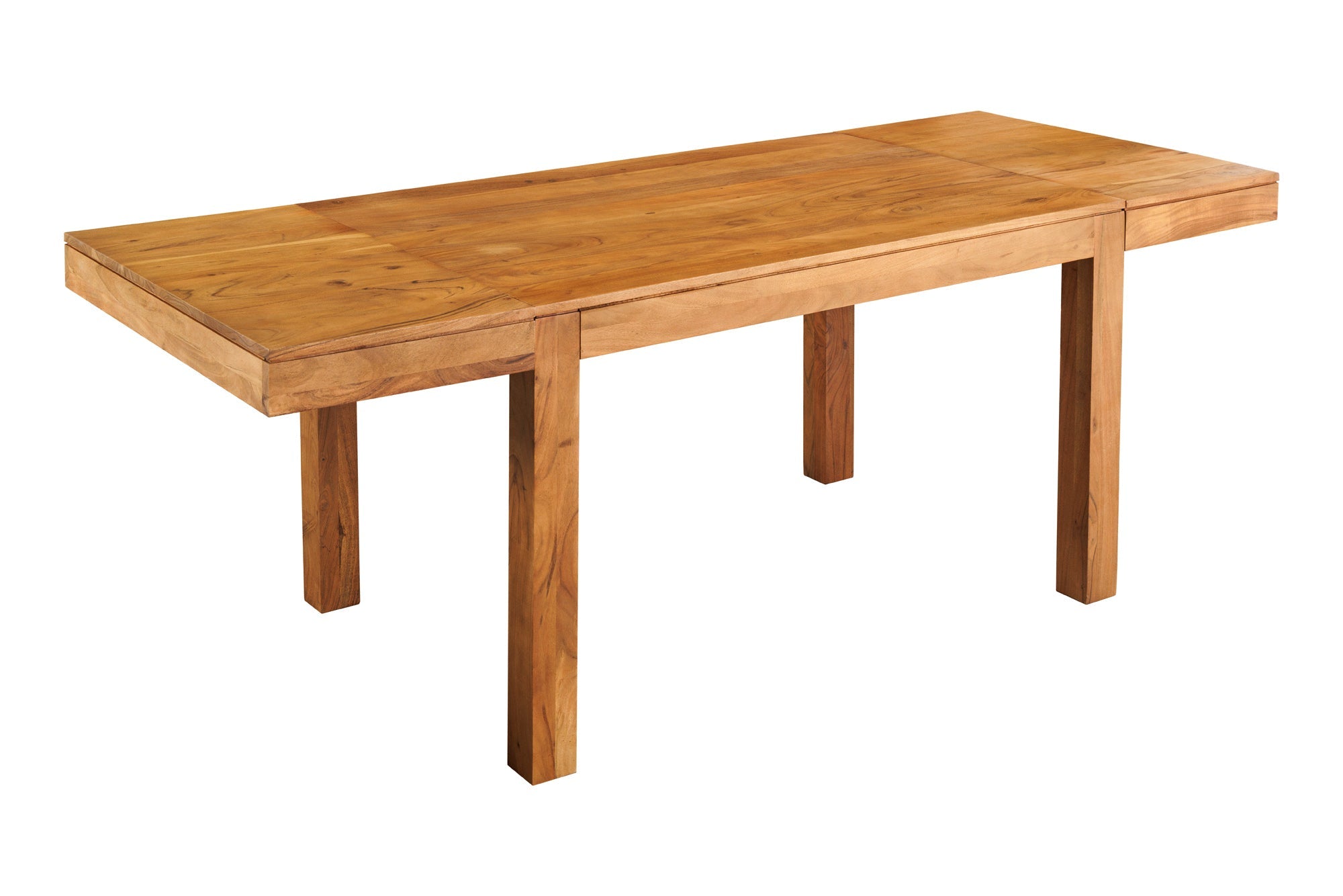Table à manger en bois massif PURE 120-200cm acacia finition miel naturel avec plaques clipsables