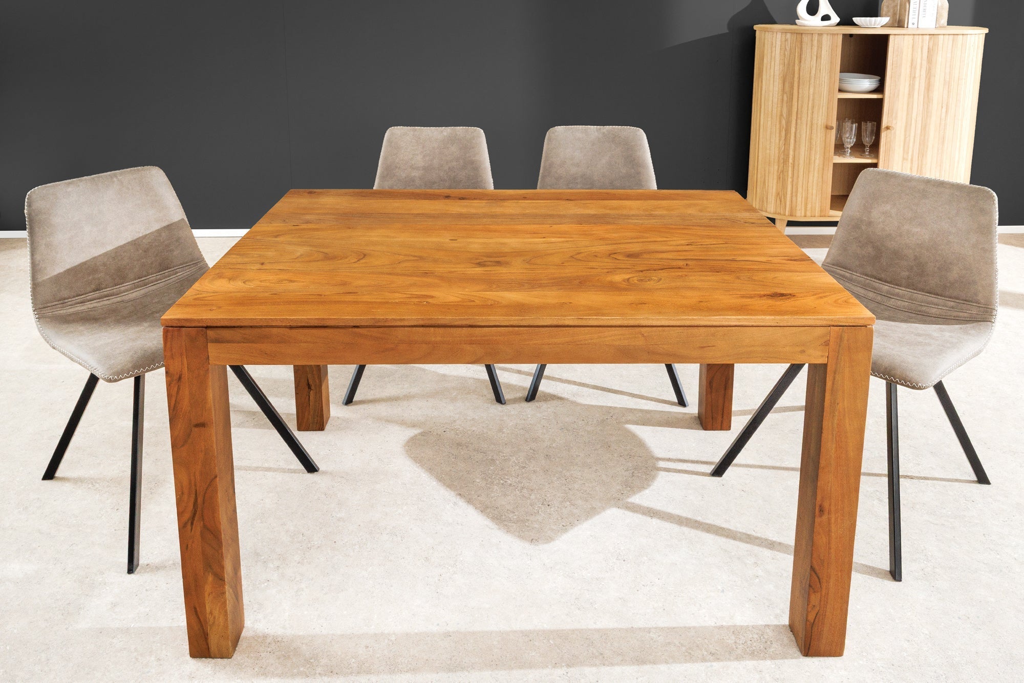 Table à manger en bois massif PURE 120-200cm acacia finition miel naturel avec plaques clipsables