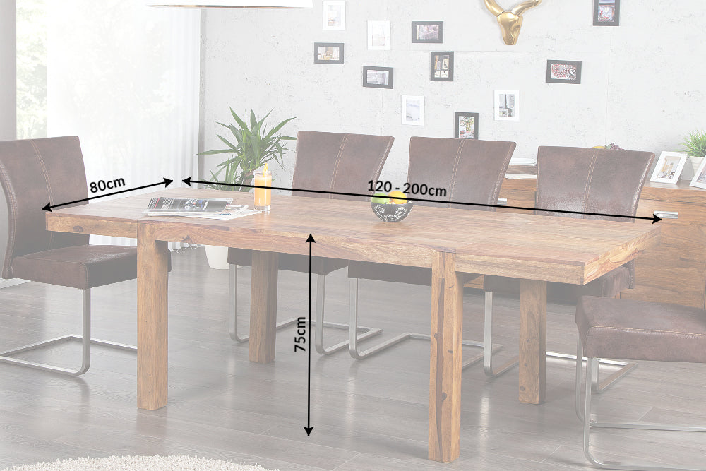 Mesa de comedor de madera maciza PURE 120-200cm acabado piedra Sheesham marrón con extensiones