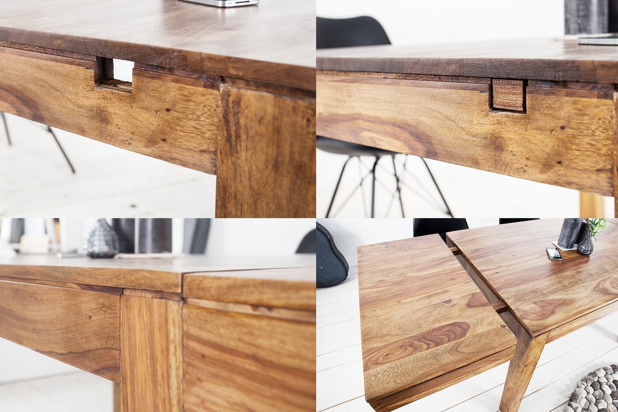 Mesa de comedor de madera maciza PURE 120-200cm acabado piedra Sheesham marrón con extensiones