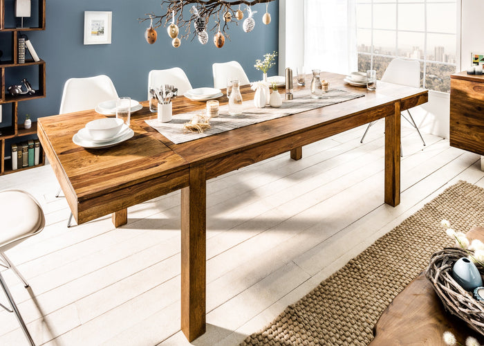Table à manger en bois massif PURE 160-240cm finition pierre de Sheesham marron avec rallonges