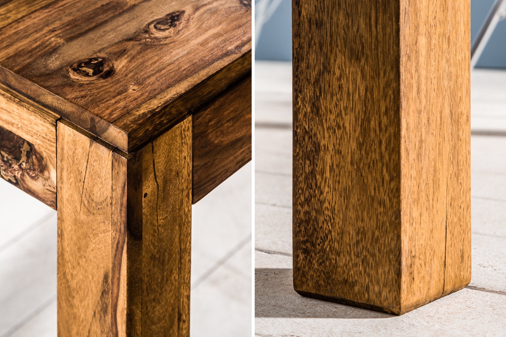 Mesa de comedor de madera maciza PURE 160-240cm acabado piedra Sheesham marron con extensiones
