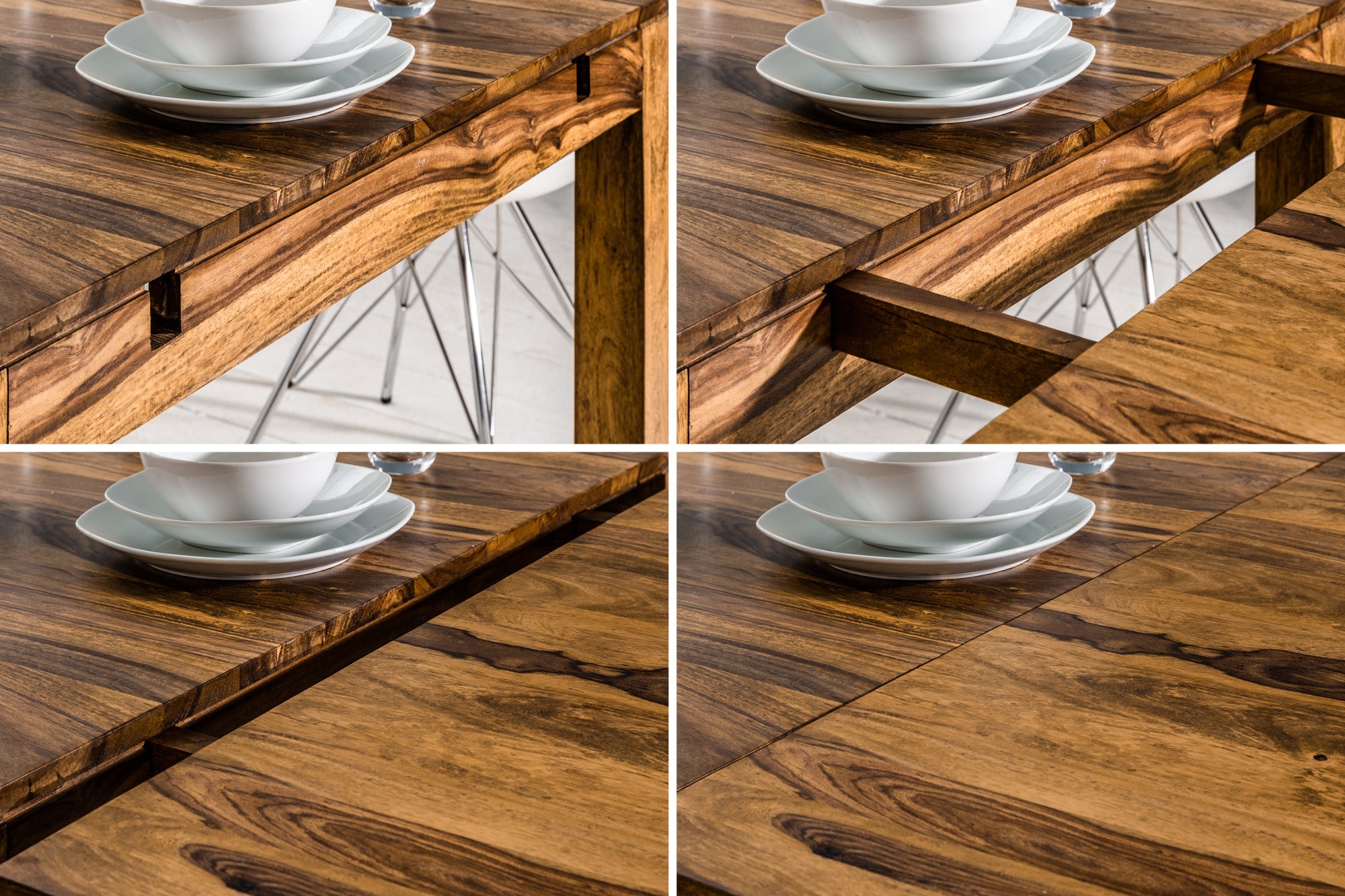 Mesa de comedor de madera maciza PURE 160-240cm acabado piedra Sheesham marron con extensiones