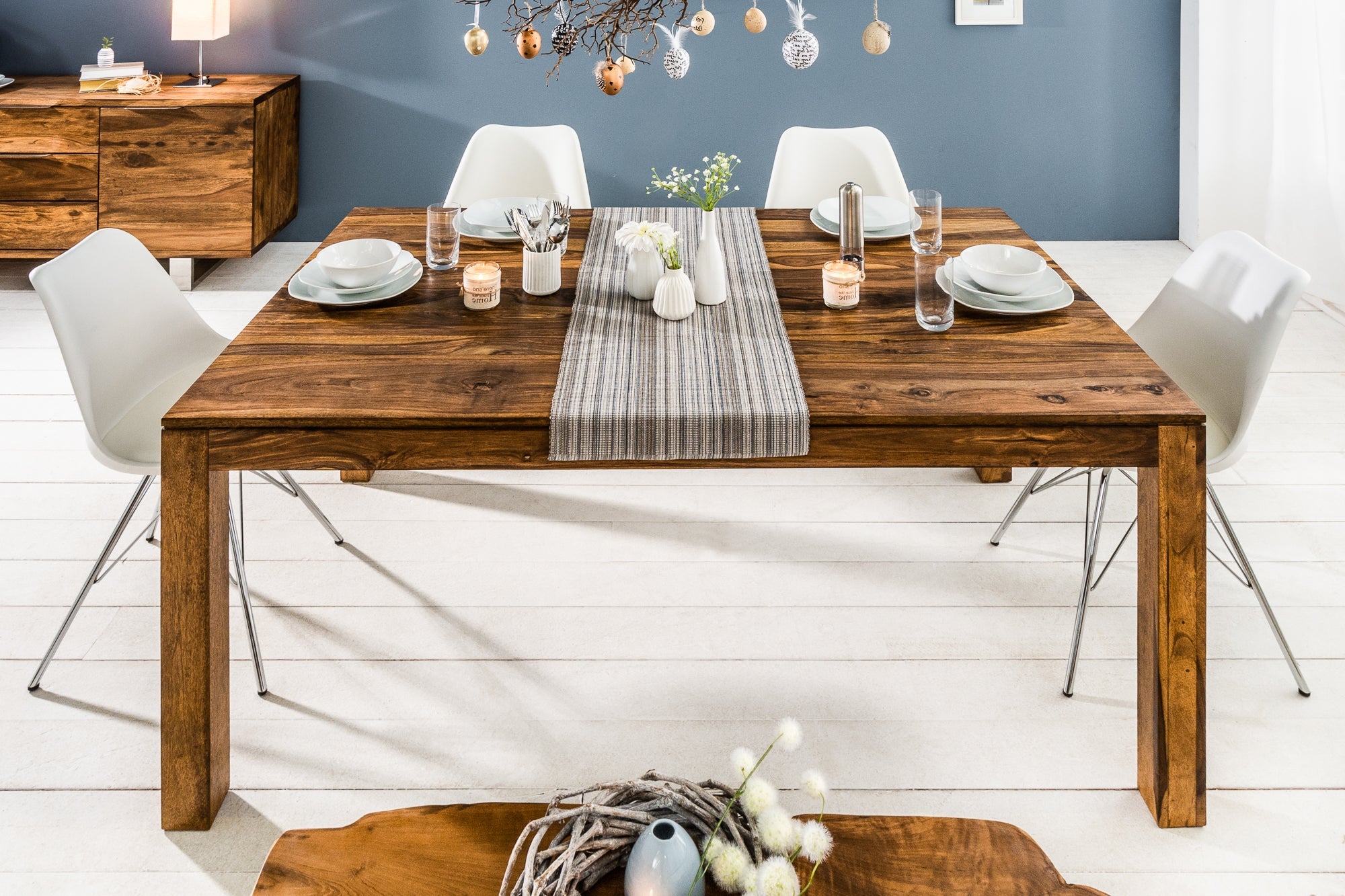 Mesa de comedor de madera maciza PURE 160-240cm acabado piedra Sheesham marron con extensiones