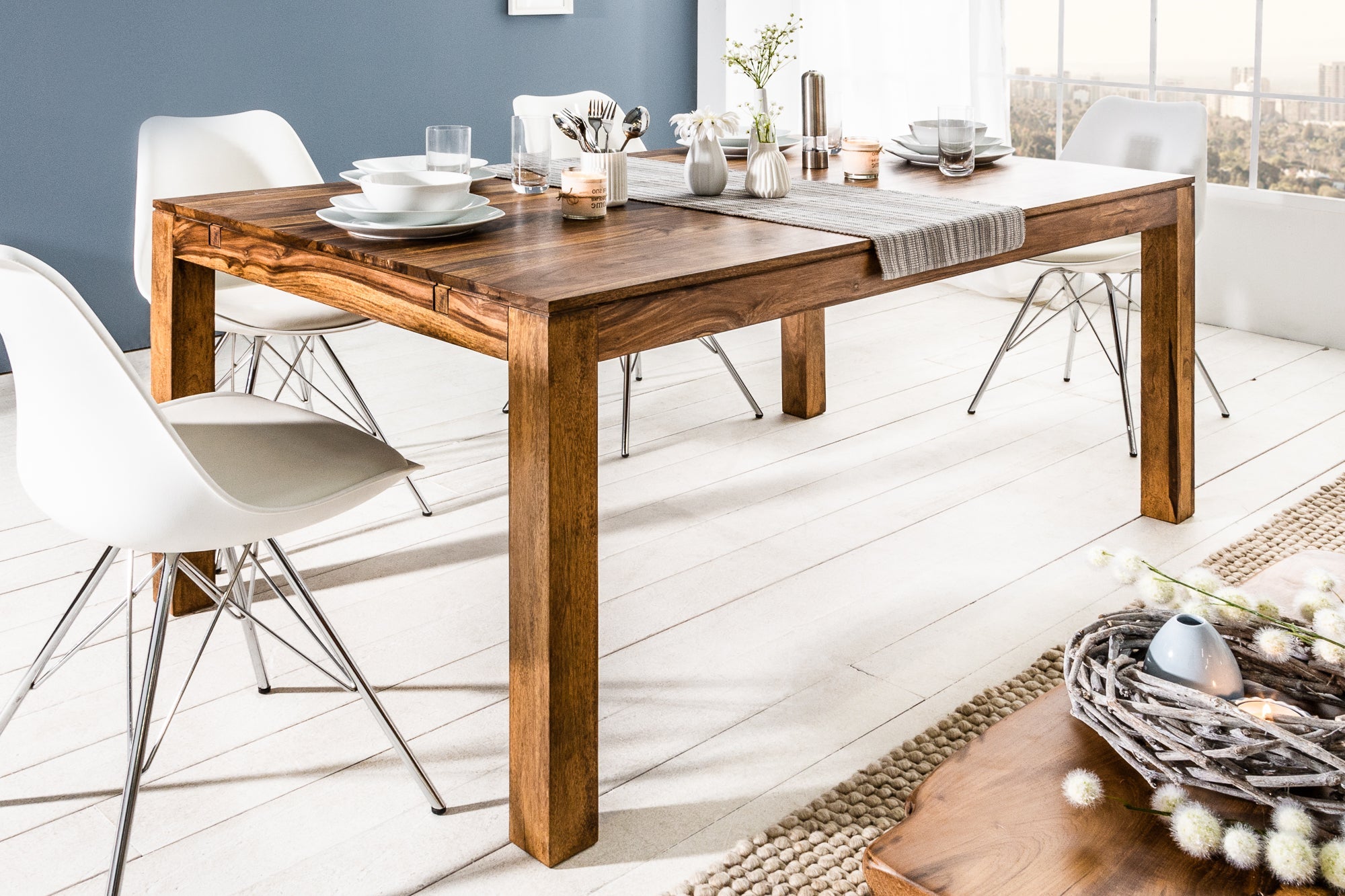 Mesa de comedor de madera maciza PURE 160-240cm acabado piedra Sheesham marron con extensiones