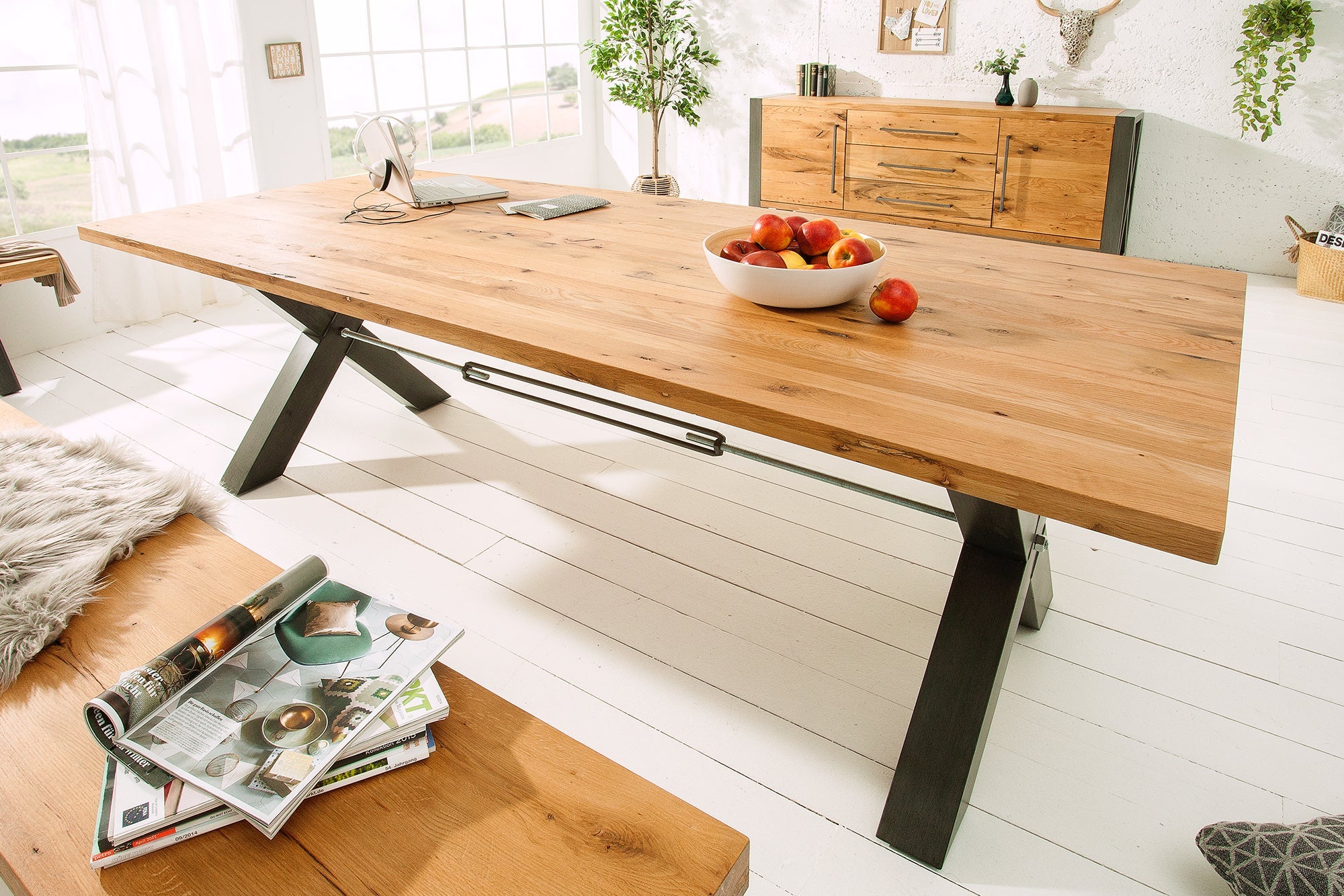 THOR 200cm mesa de comedor de madera maciza roble natural aceitado gris metal X-marco de diseño industrial