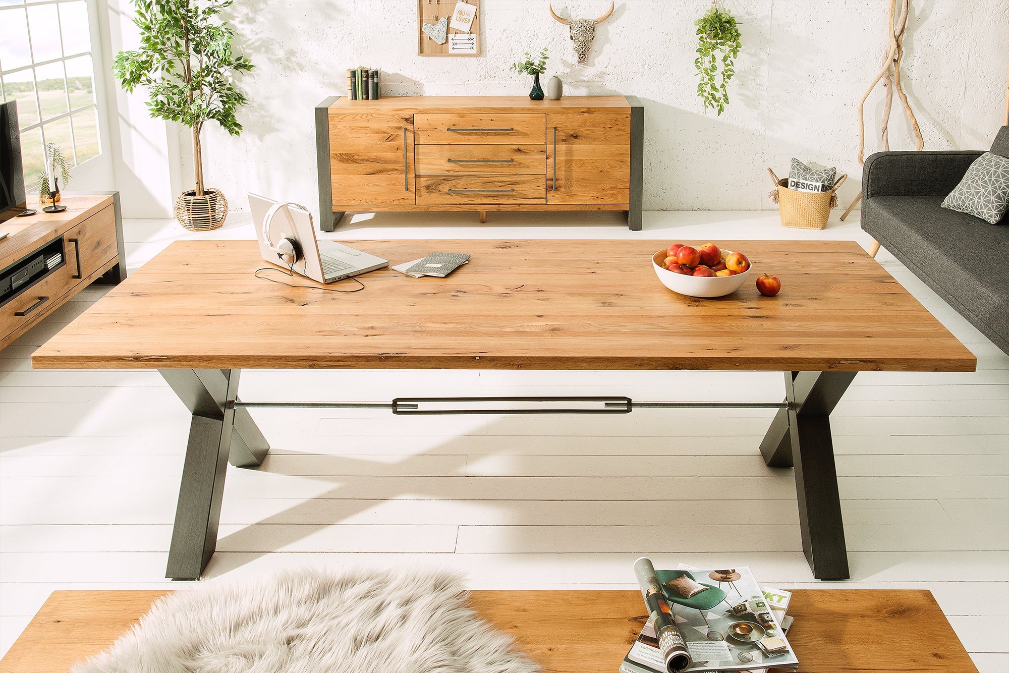 THOR 200cm mesa de comedor de madera maciza roble natural aceitado gris metal X-marco de diseño industrial