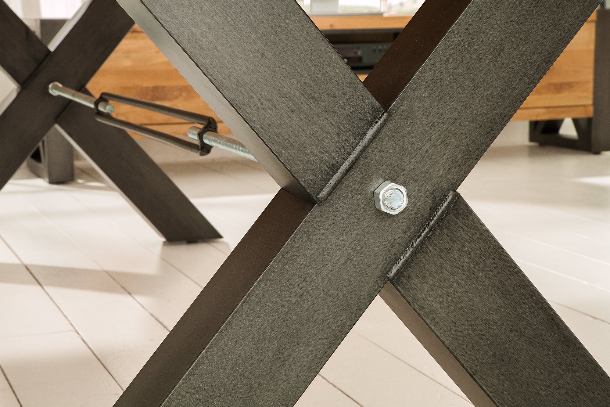THOR 240cm mesa de comedor de madera maciza roble natural aceitado gris metal X-marco de diseño industrial