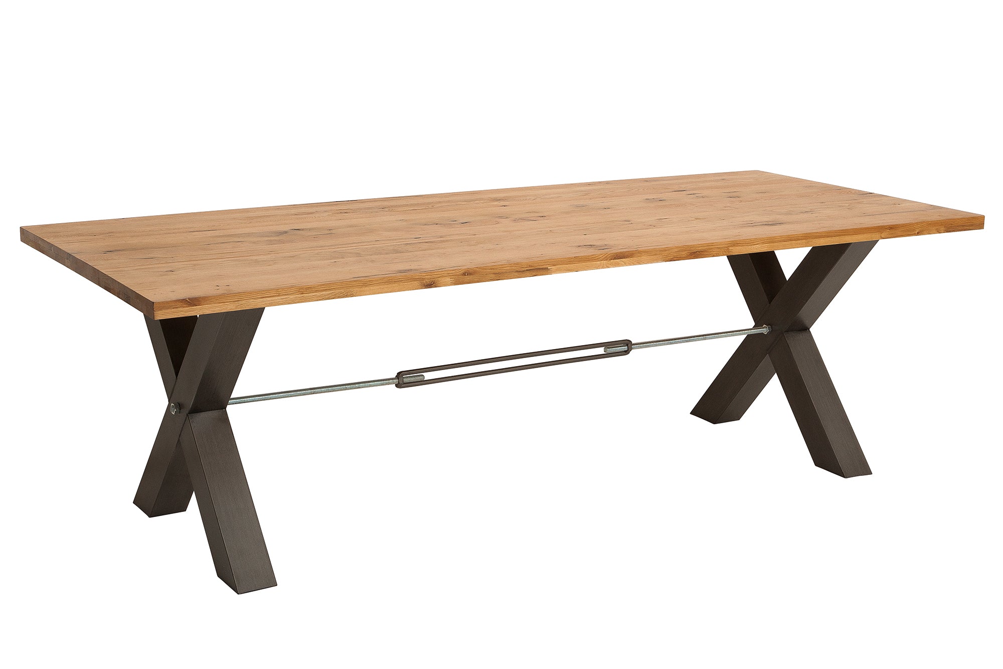THOR 240cm mesa de comedor de madera maciza roble natural aceitado gris metal X-marco de diseño industrial