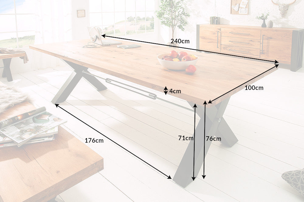 THOR 240cm mesa de comedor de madera maciza roble natural aceitado gris metal X-marco de diseño industrial
