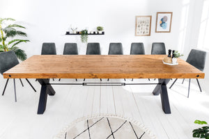 Table à manger en bois massif THOR 300 cm pin marron vintage design industriel recyclé cadre en X en fer
