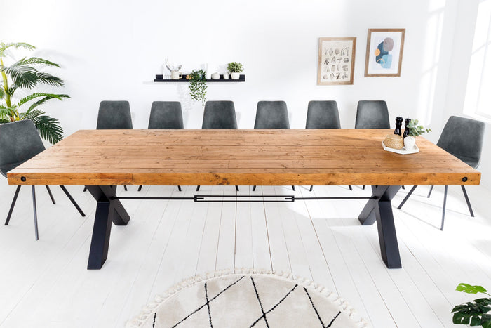 Table à manger en bois massif THOR 300 cm pin marron vintage design industriel recyclé cadre en X en fer