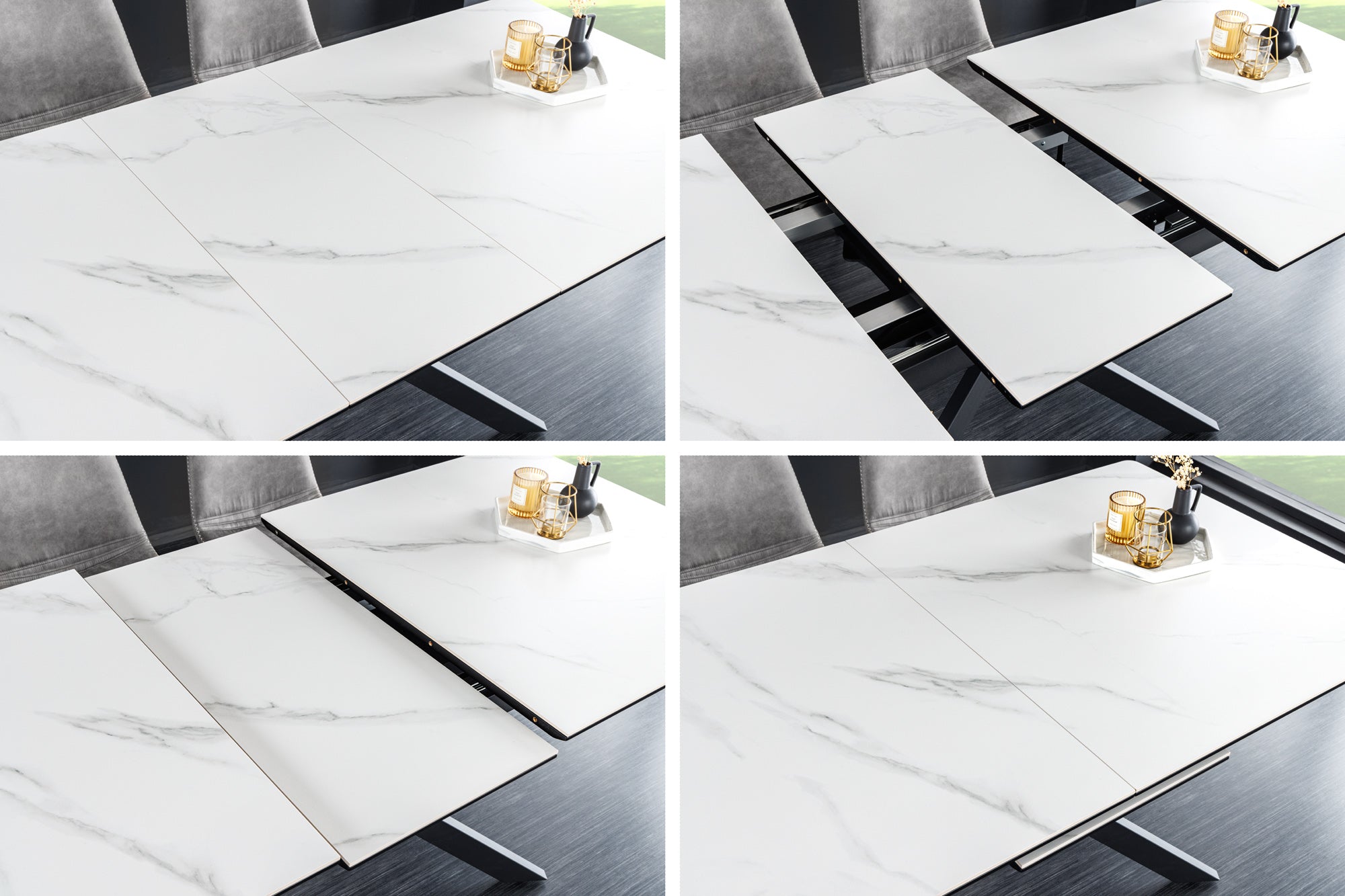 Table à manger extensible ALPINE 160-200cm céramique blanche marbre structure métal noir