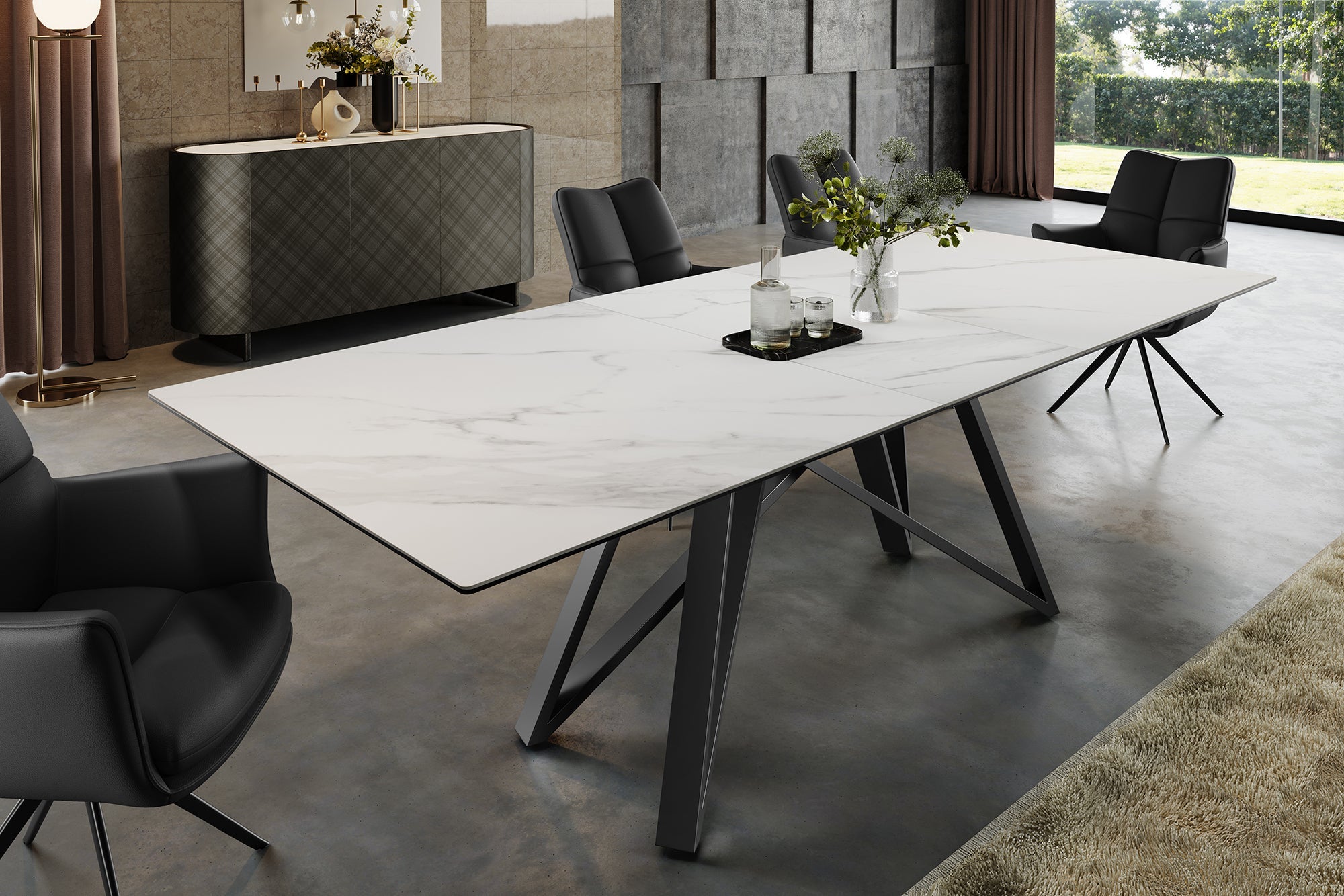 Table à manger extensible ATLAS 160-200 cm design marbre blanc céramique métal noir