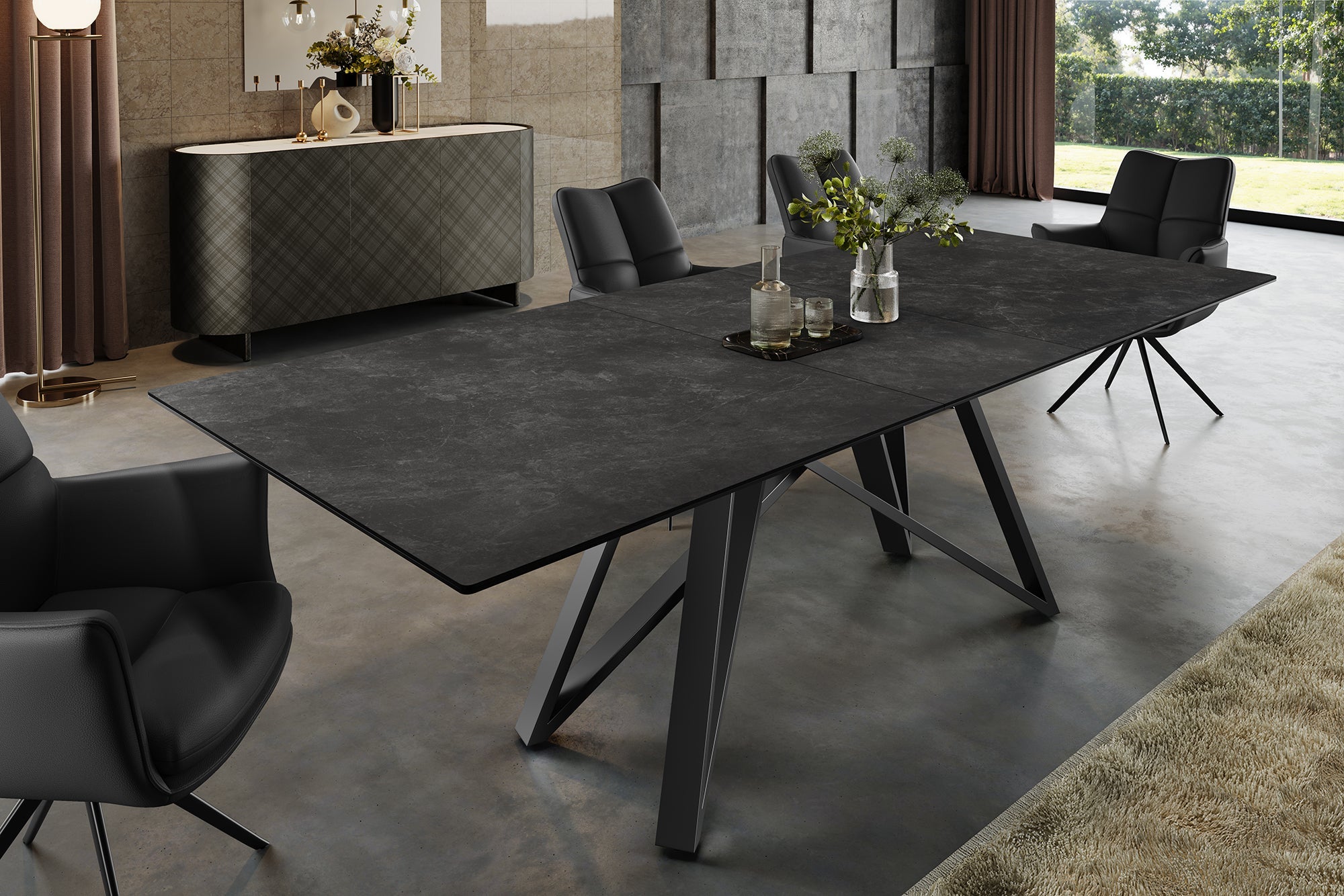 Table à manger extensible ATLAS 160-200 cm gris graphite céramique métal noir