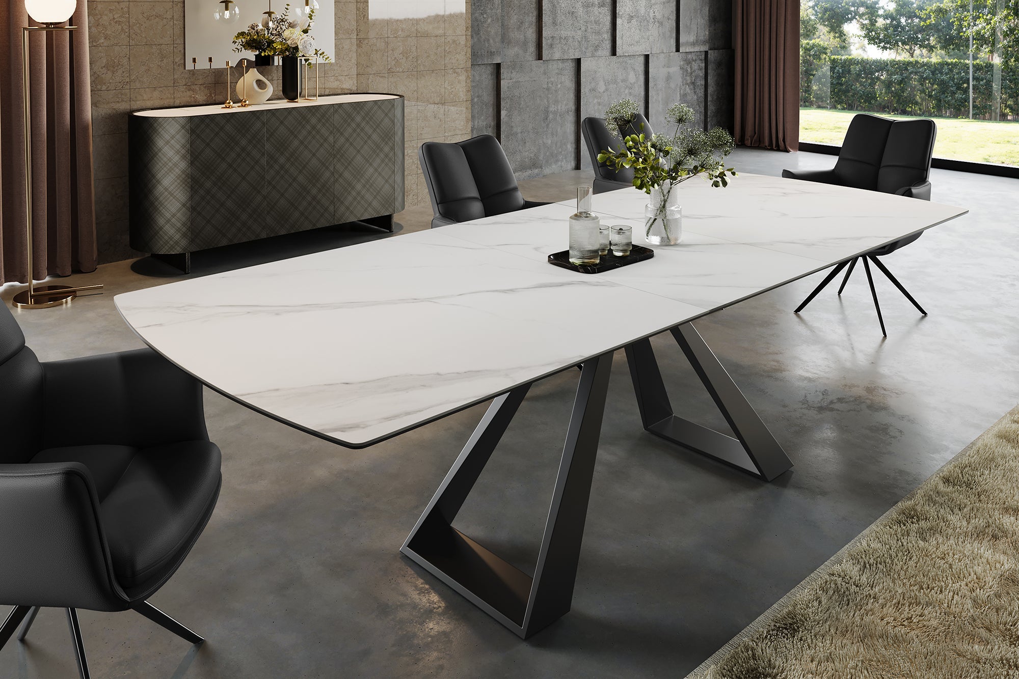 Table à manger extensible CONCORD 180-230 cm céramique blanche design marbre métal noir