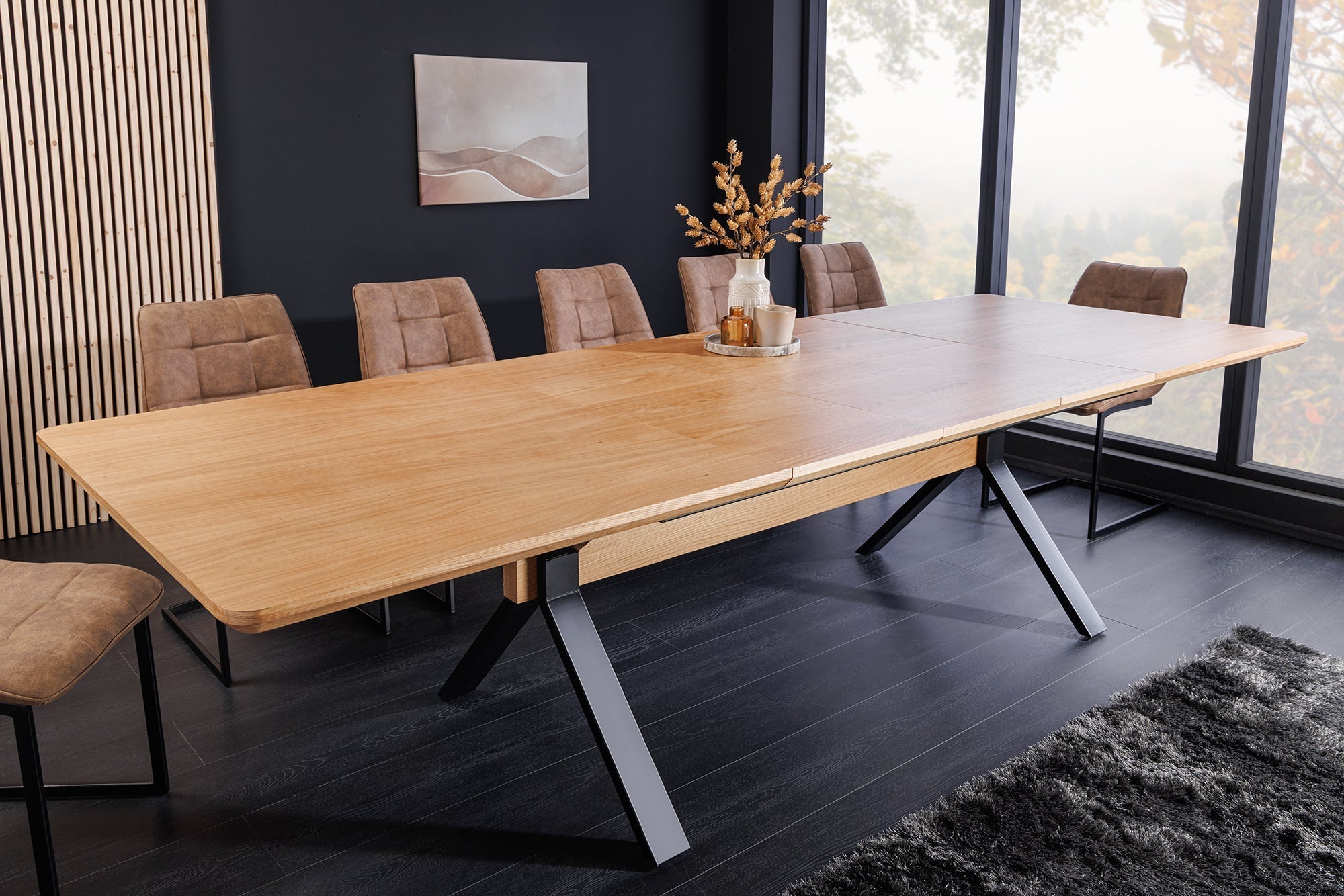 Table à manger extensible GIANT 180-300cm chêne naturel métal noir structure en X