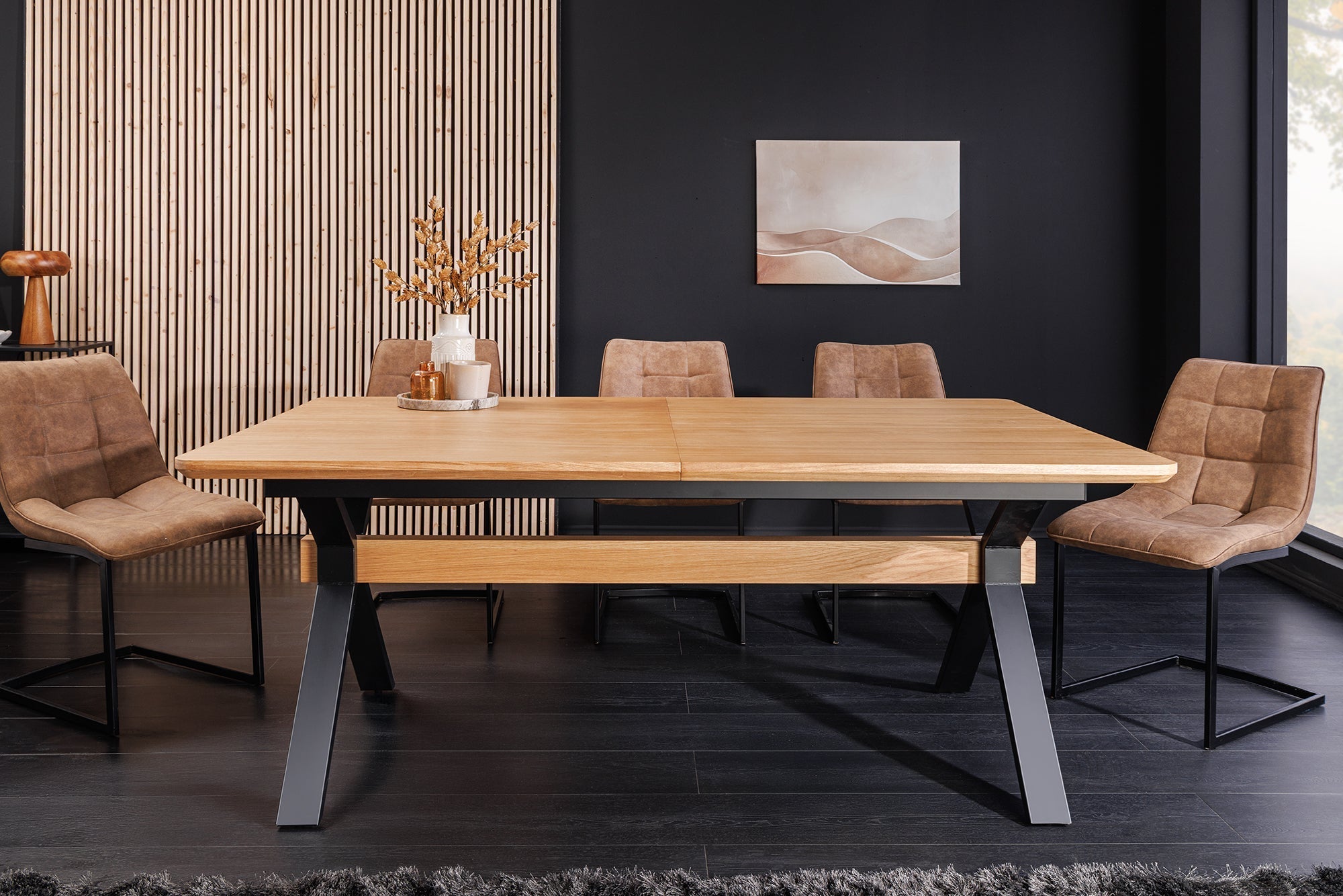 Table à manger extensible GIANT 180-300cm chêne naturel métal noir structure en X