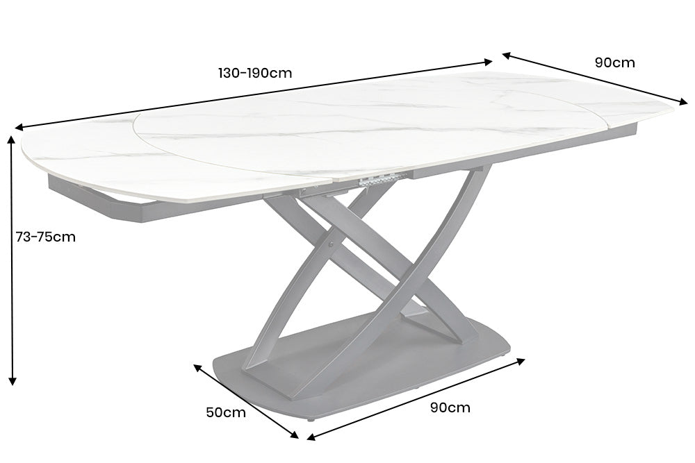 Table à manger extensible INCEPTION 130-190cm marbre blanc céramique structure métal noir
