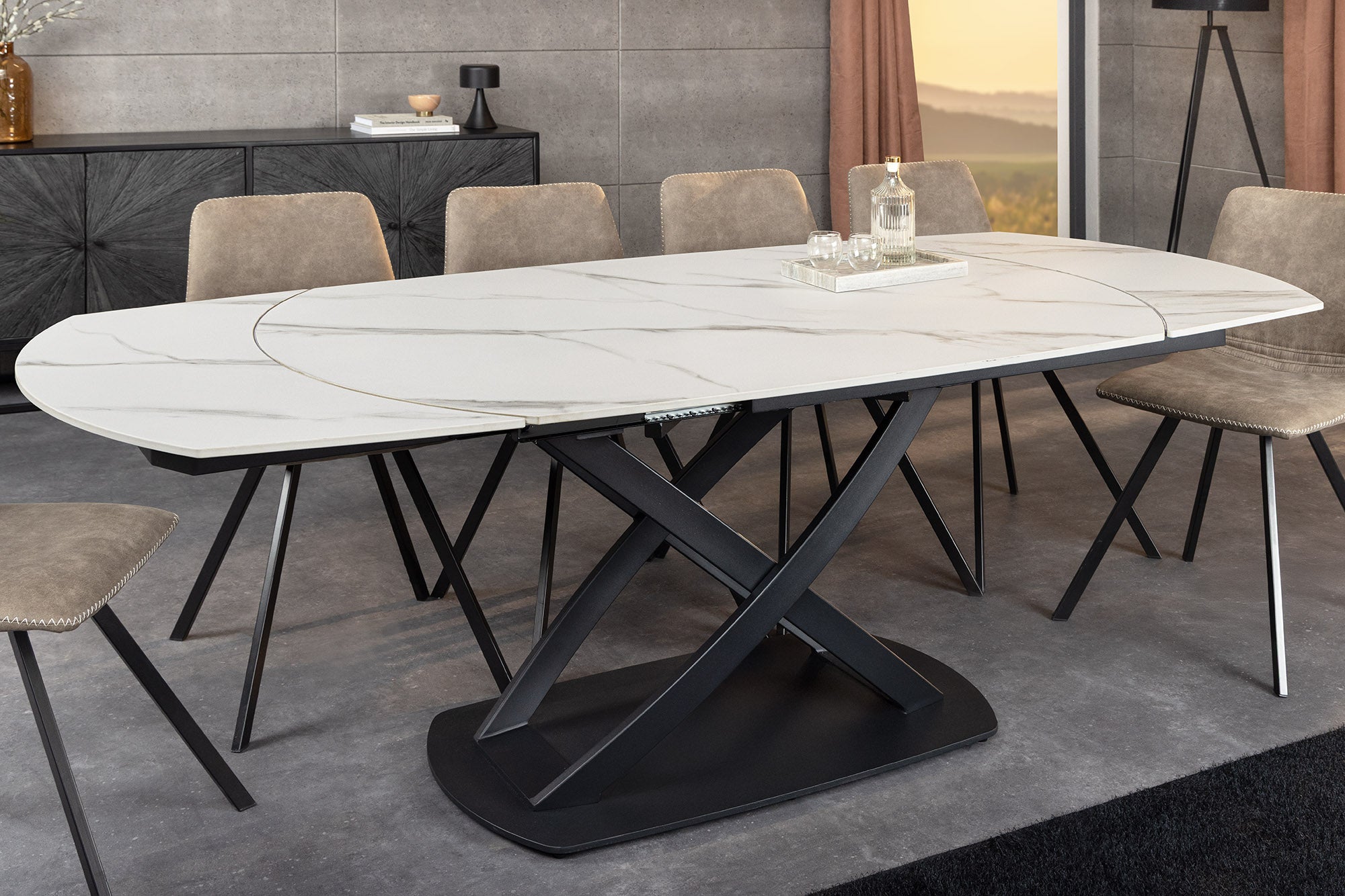 Table à manger extensible INCEPTION 130-190cm marbre blanc céramique structure métal noir