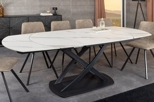 Table à manger extensible INCEPTION 130-190cm marbre blanc céramique structure métal noir