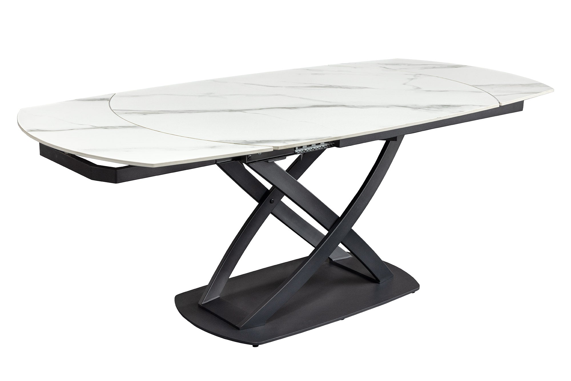 Table à manger extensible INCEPTION 130-190cm marbre blanc céramique structure métal noir