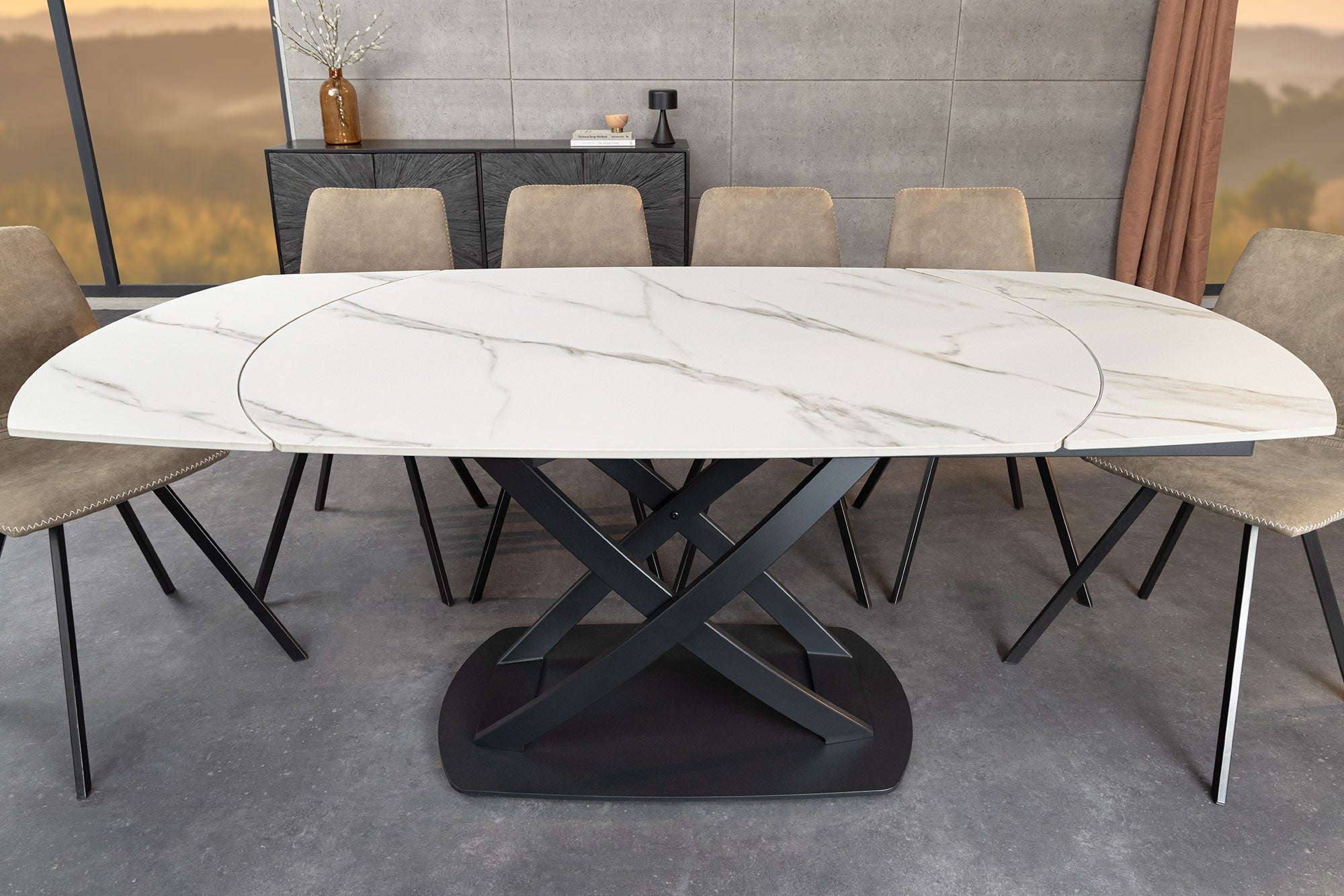Table à manger extensible INCEPTION 130-190cm marbre blanc céramique structure métal noir
