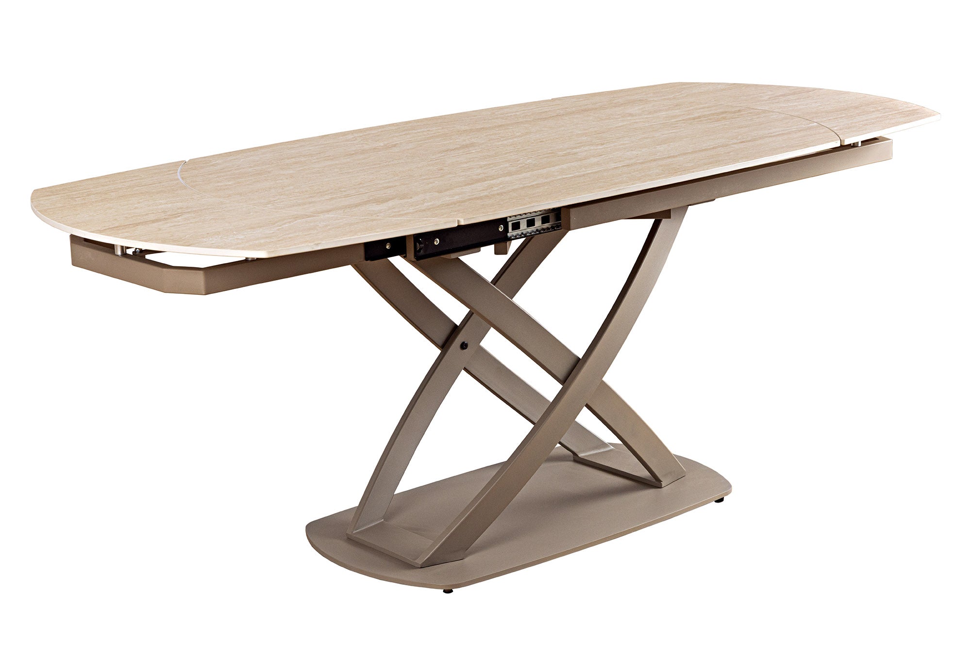 Table à manger extensible INCEPTION 130-190cm ovale travertin céramique champagne grège