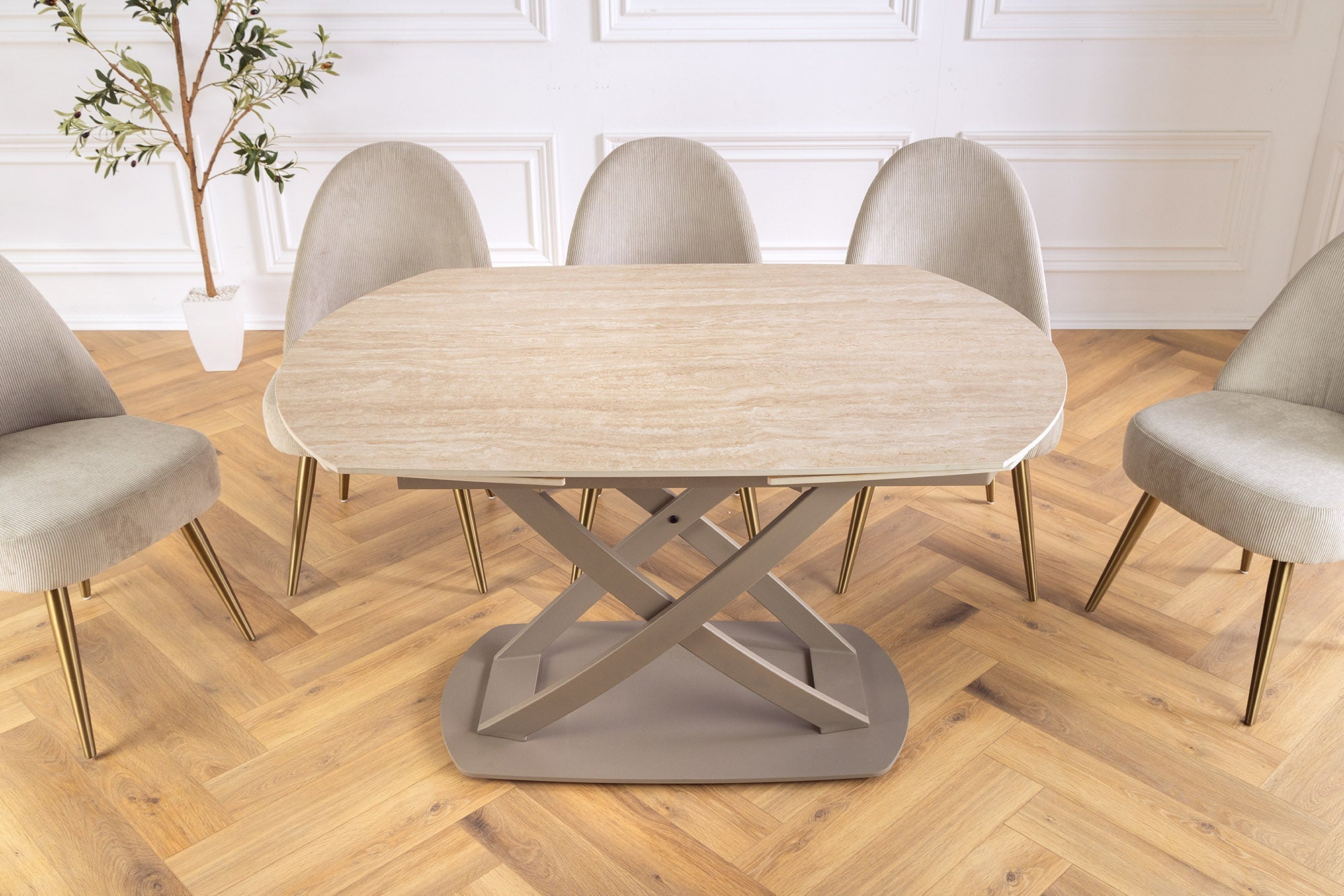 Table à manger extensible INCEPTION 130-190cm ovale travertin céramique champagne grège