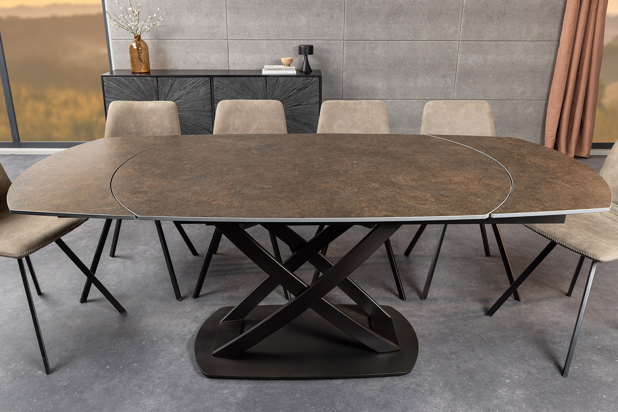 Table à manger extensible INCEPTION 130-190cm rouille ovale céramique structure bronze