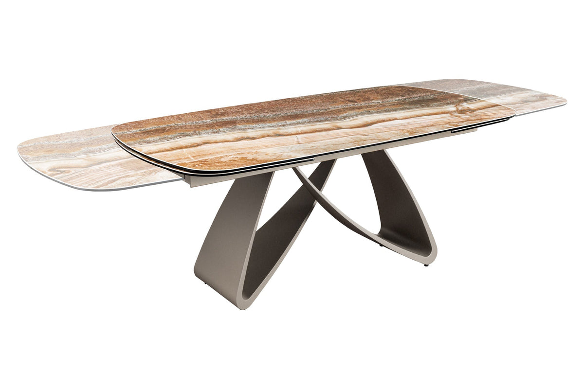Table à manger extensible INFINITY 180-260cm beige rouille marron onyx marbre céramique forme bateau
