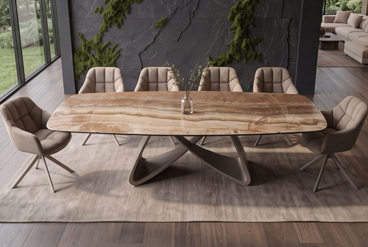 Table à manger extensible INFINITY 180-260cm beige rouille marron onyx marbre céramique forme bateau