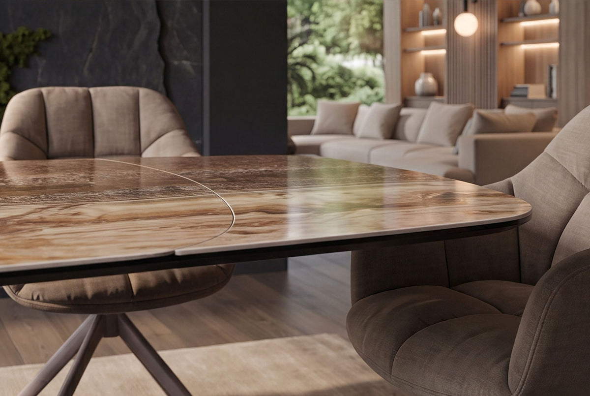 Table à manger extensible INFINITY 180-260cm beige rouille marron onyx marbre céramique forme bateau