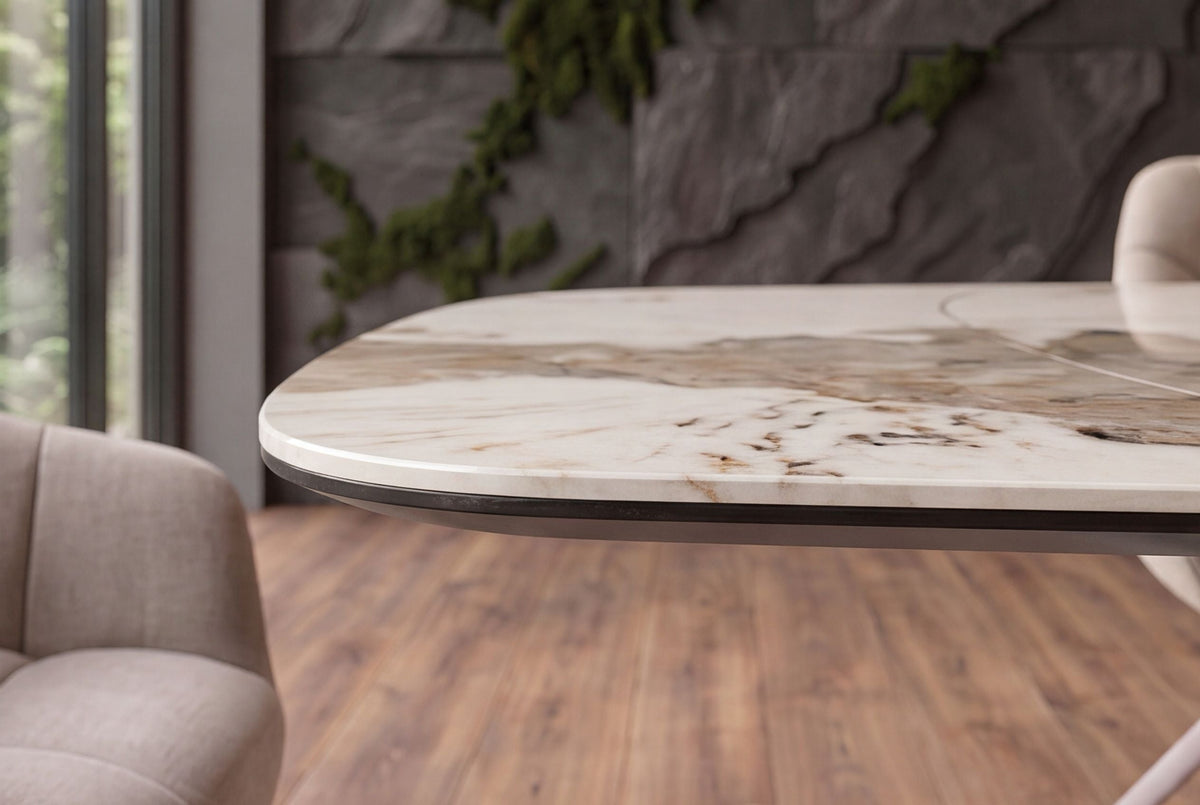 Table à manger extensible INFINITY 180-260cm blanc marron Pandora forme bateau en céramique