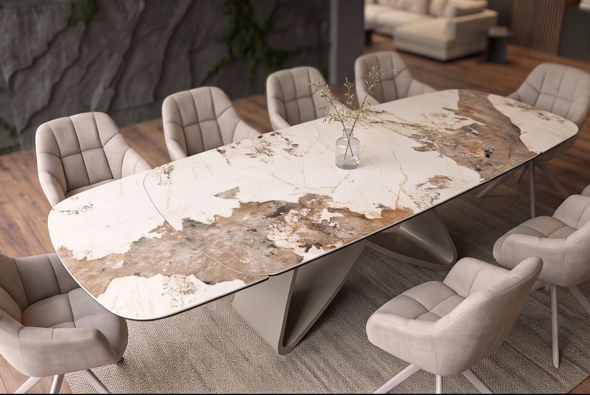 Table à manger extensible INFINITY 180-260cm blanc marron Pandora forme bateau en céramique