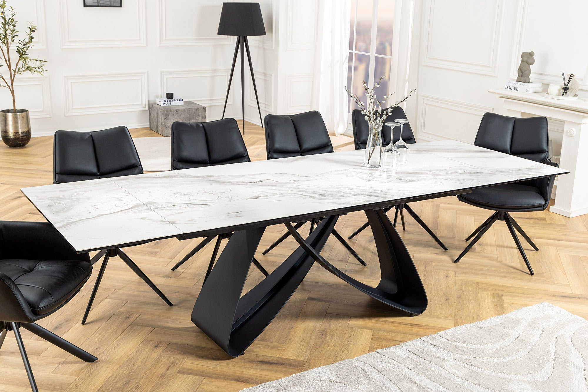 Table à manger extensible INFINITY 180-260cm céramique blanche marbre métal noir