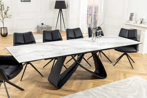 Table à manger extensible INFINITY 180-260cm céramique blanche marbre métal noir
