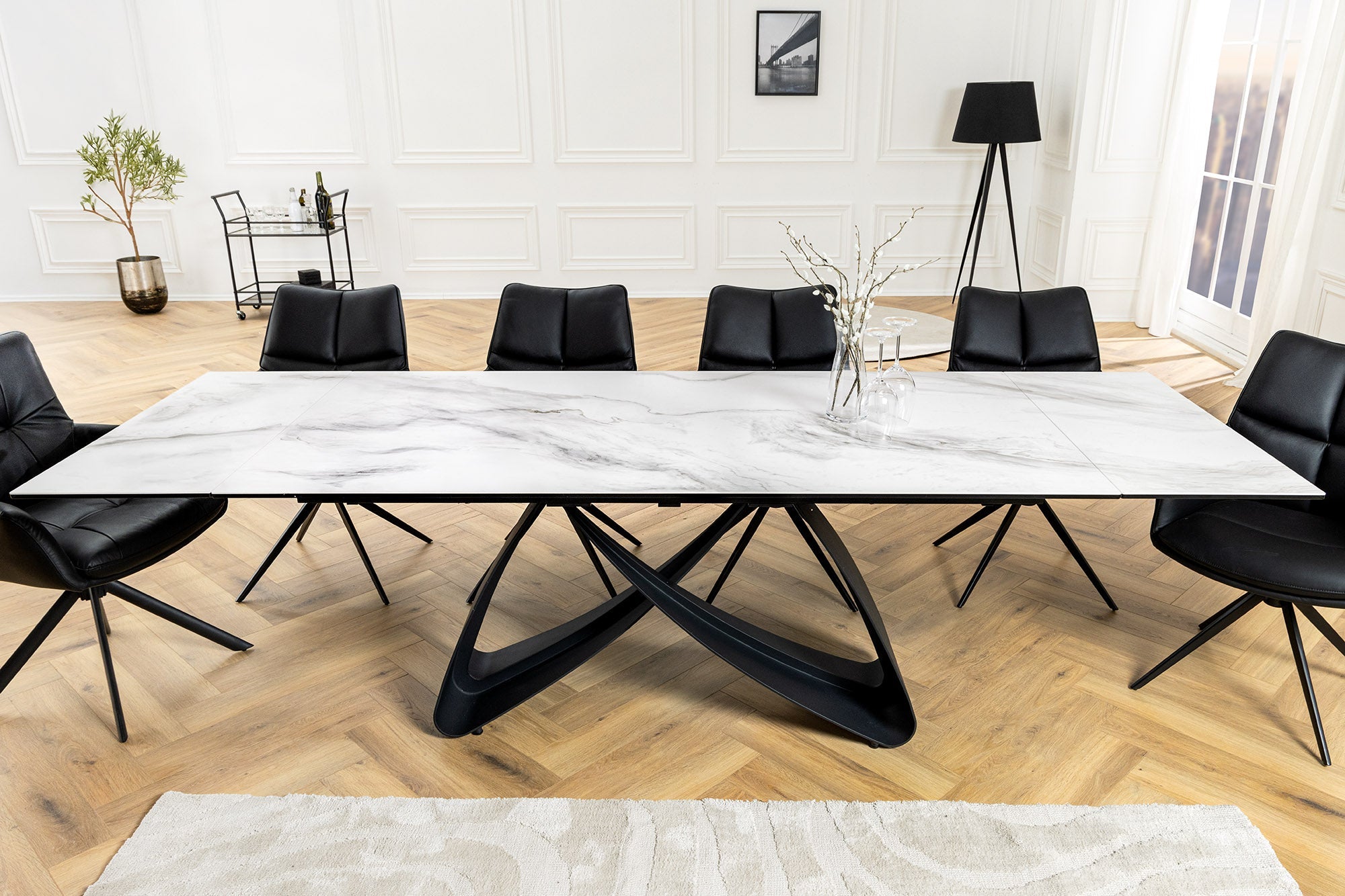 Table à manger extensible INFINITY 180-260cm céramique blanche marbre métal noir