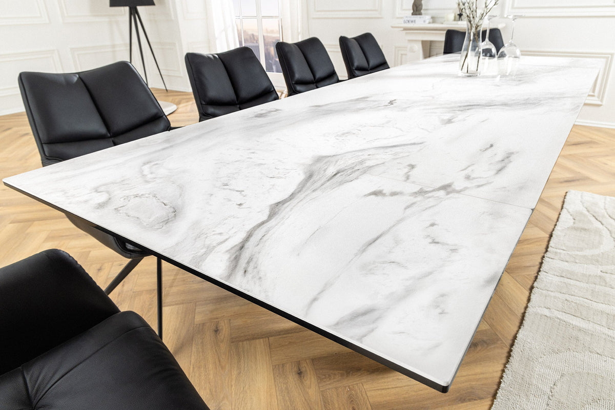 Table à manger extensible INFINITY 180-260cm céramique blanche marbre métal noir