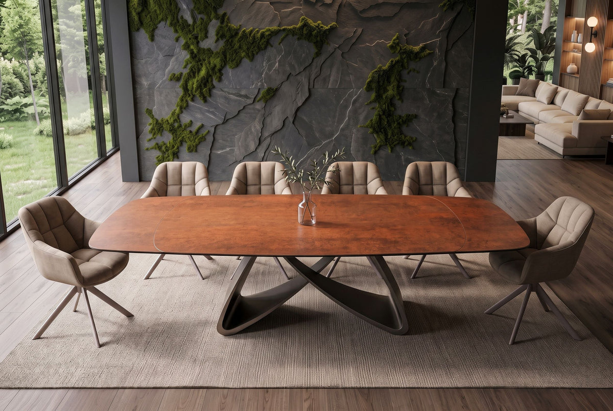 Table à manger extensible INFINITY 180-260cm forme bateau en céramique espagnole marron rouille