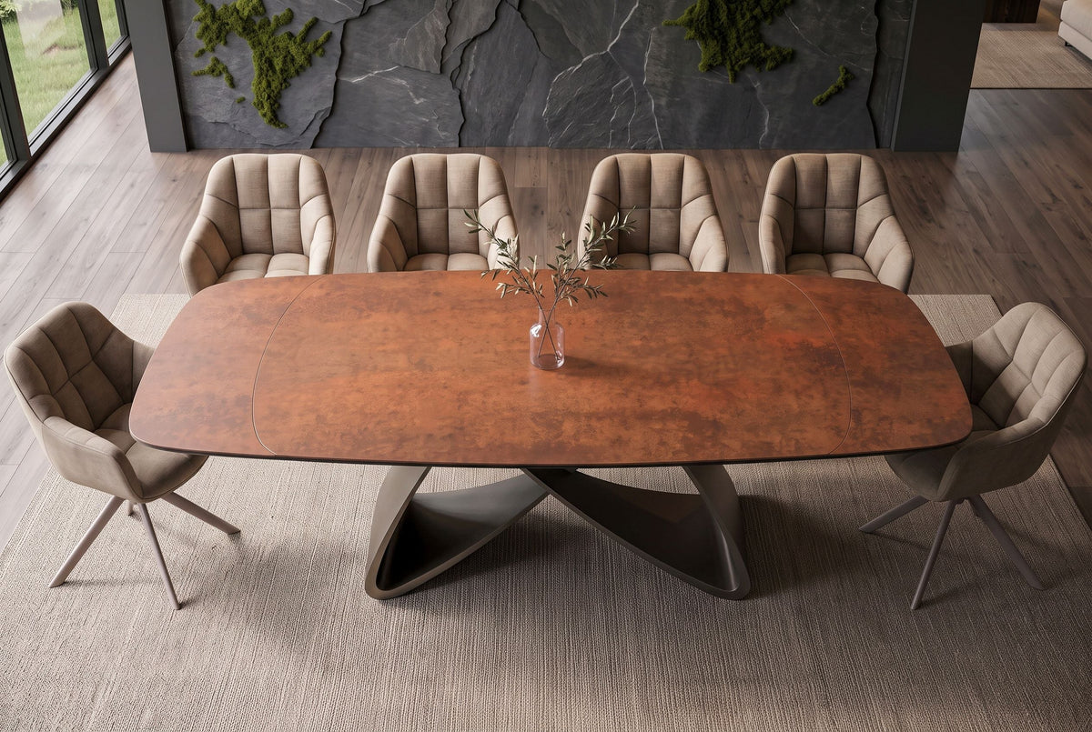 Table à manger extensible INFINITY 180-260cm forme bateau en céramique espagnole marron rouille