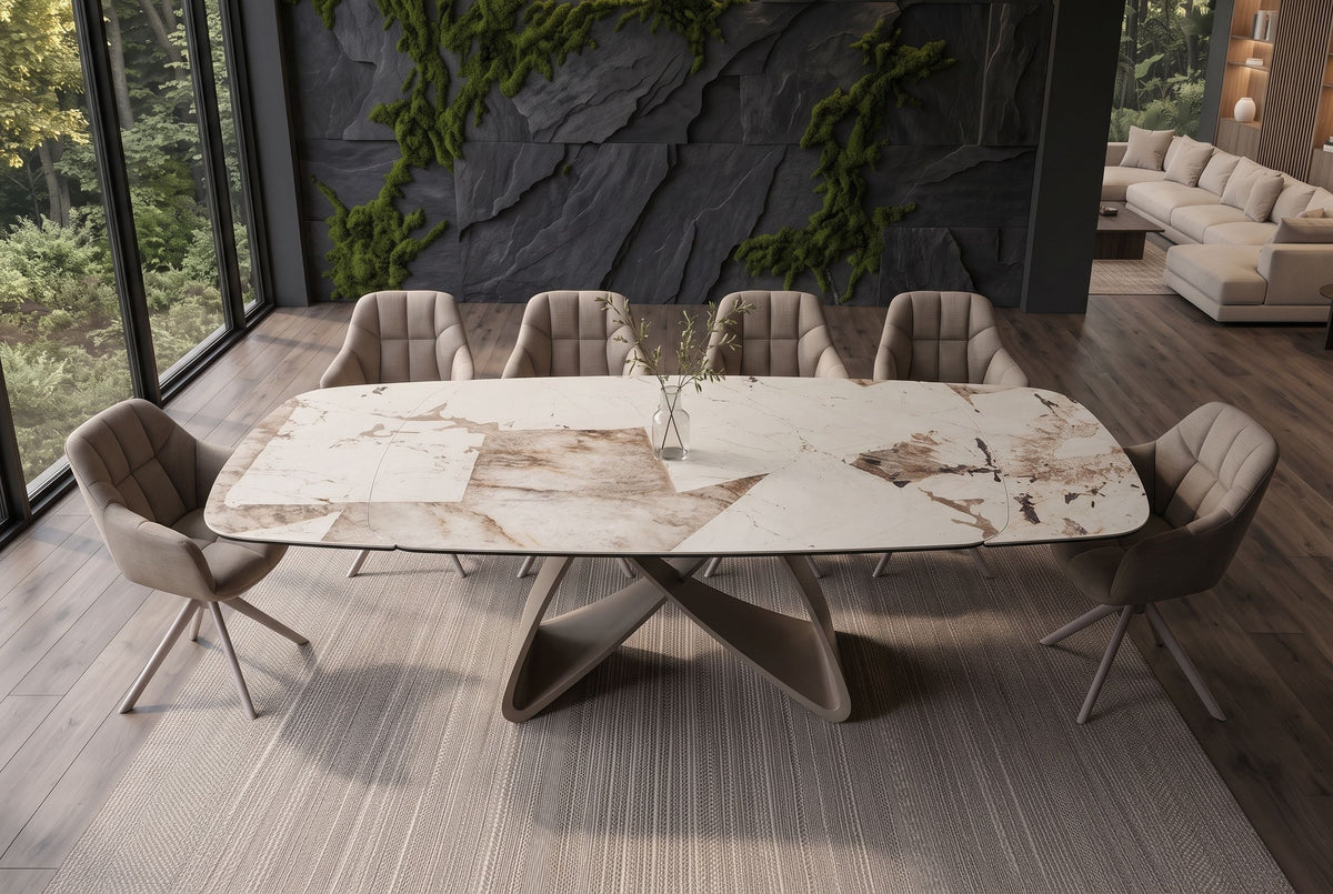 Table à manger extensible INFINITY 180-260cm forme bateau en céramique Patagonia blanc marron