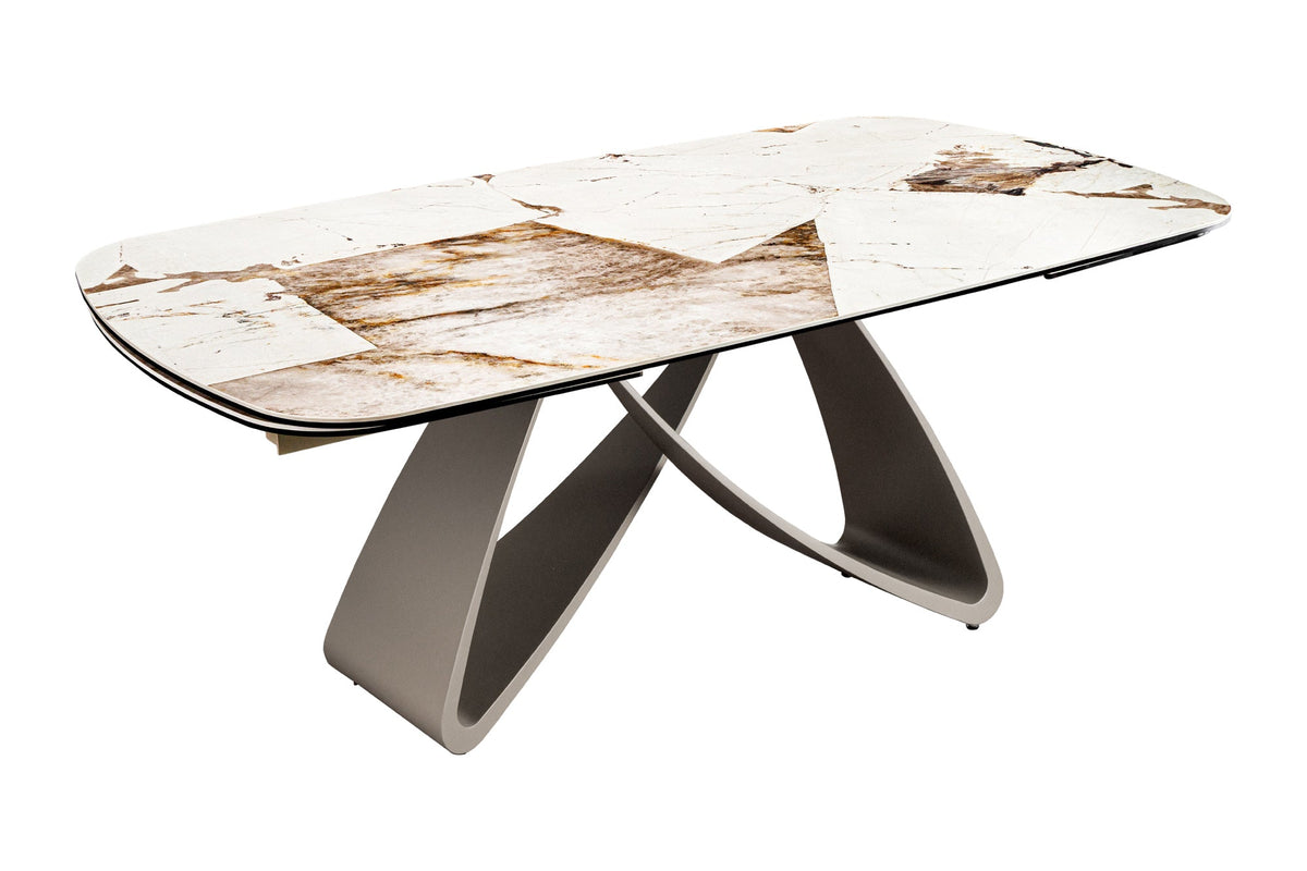 Table à manger extensible INFINITY 180-260cm forme bateau en céramique Patagonia blanc marron
