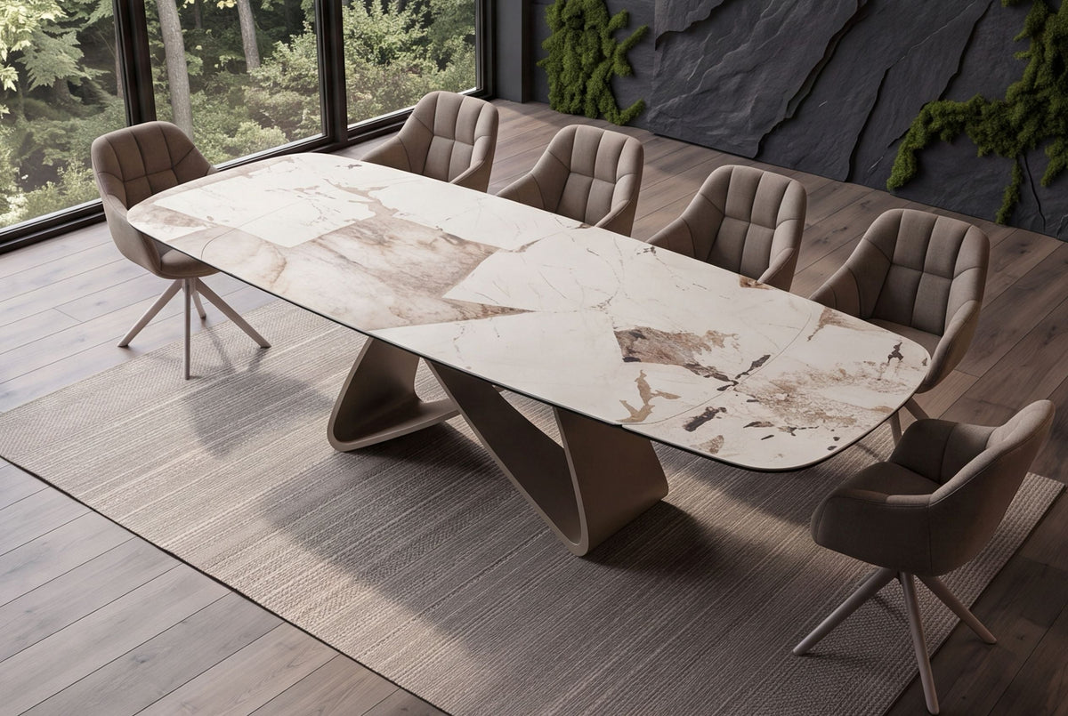 Table à manger extensible INFINITY 180-260cm forme bateau en céramique Patagonia blanc marron